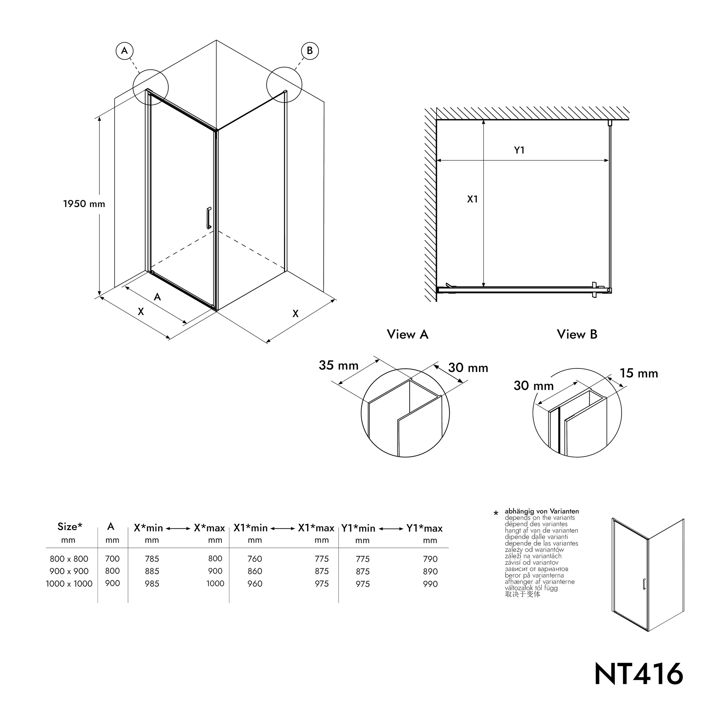 Eckdusche mit Drehtür NT416 Schwarz matt