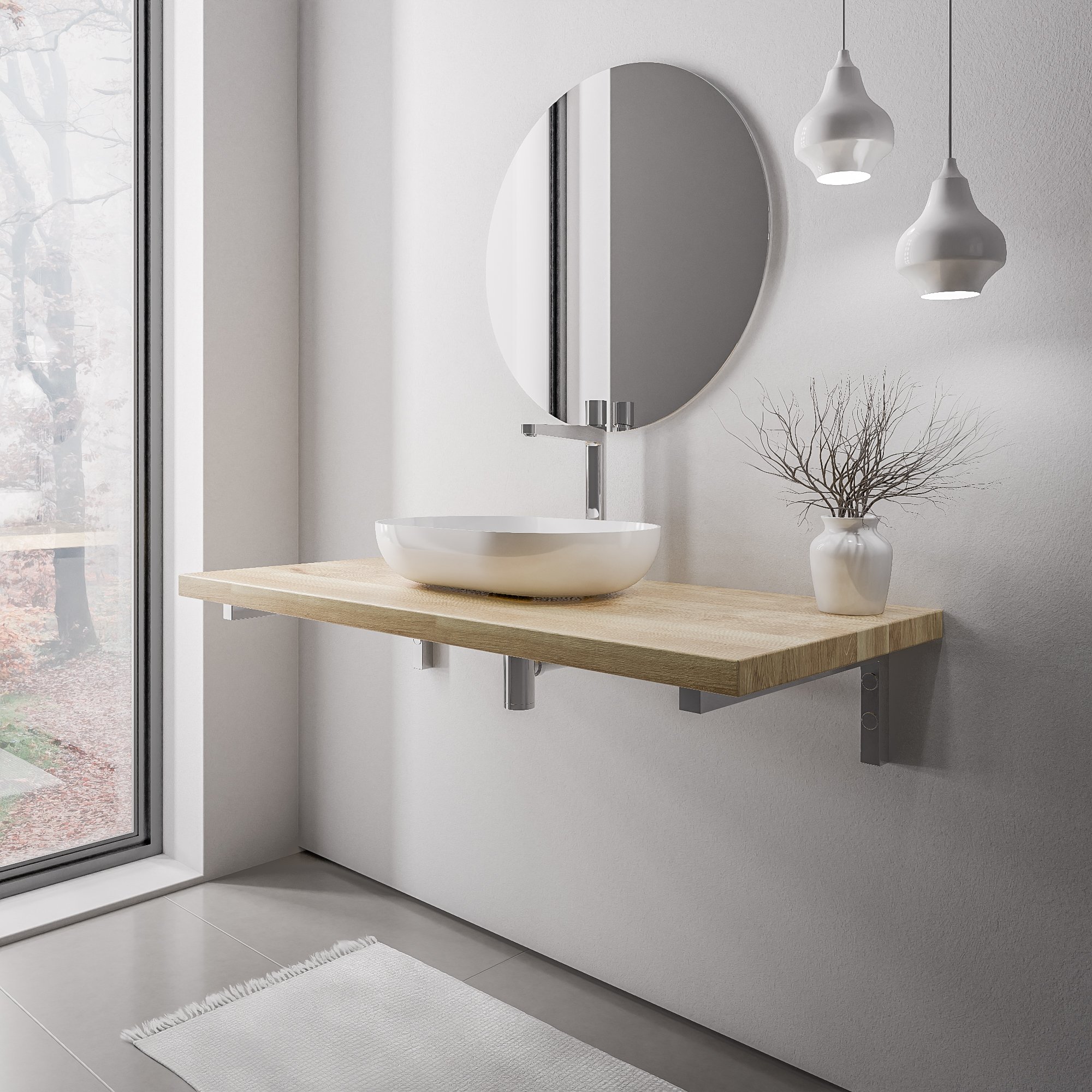 Waschtischplatte PUREWOOD Eiche Massiv 120 cm mit Konsolenträger Chrom