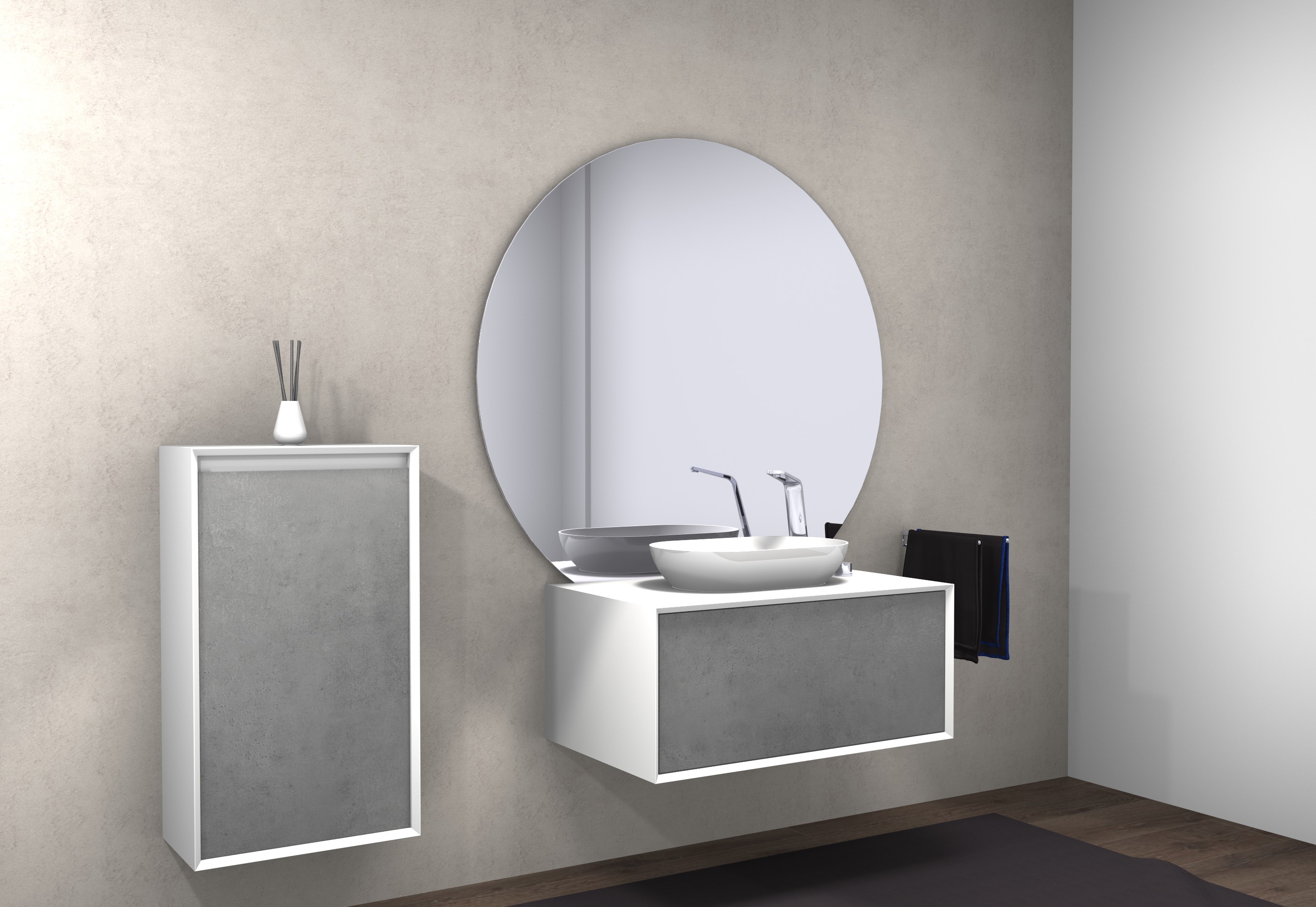 Waschtischunterschrank Fiona 90 cm Weiß matt - Front in Beton- oder Eiche-Optik