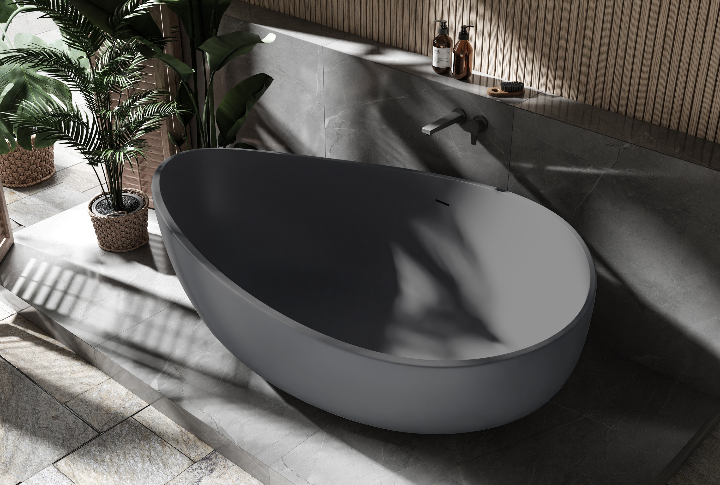 Freistehende Badewanne WAVE STONE Mineralguss Grau matt - 180 x 110 cm
