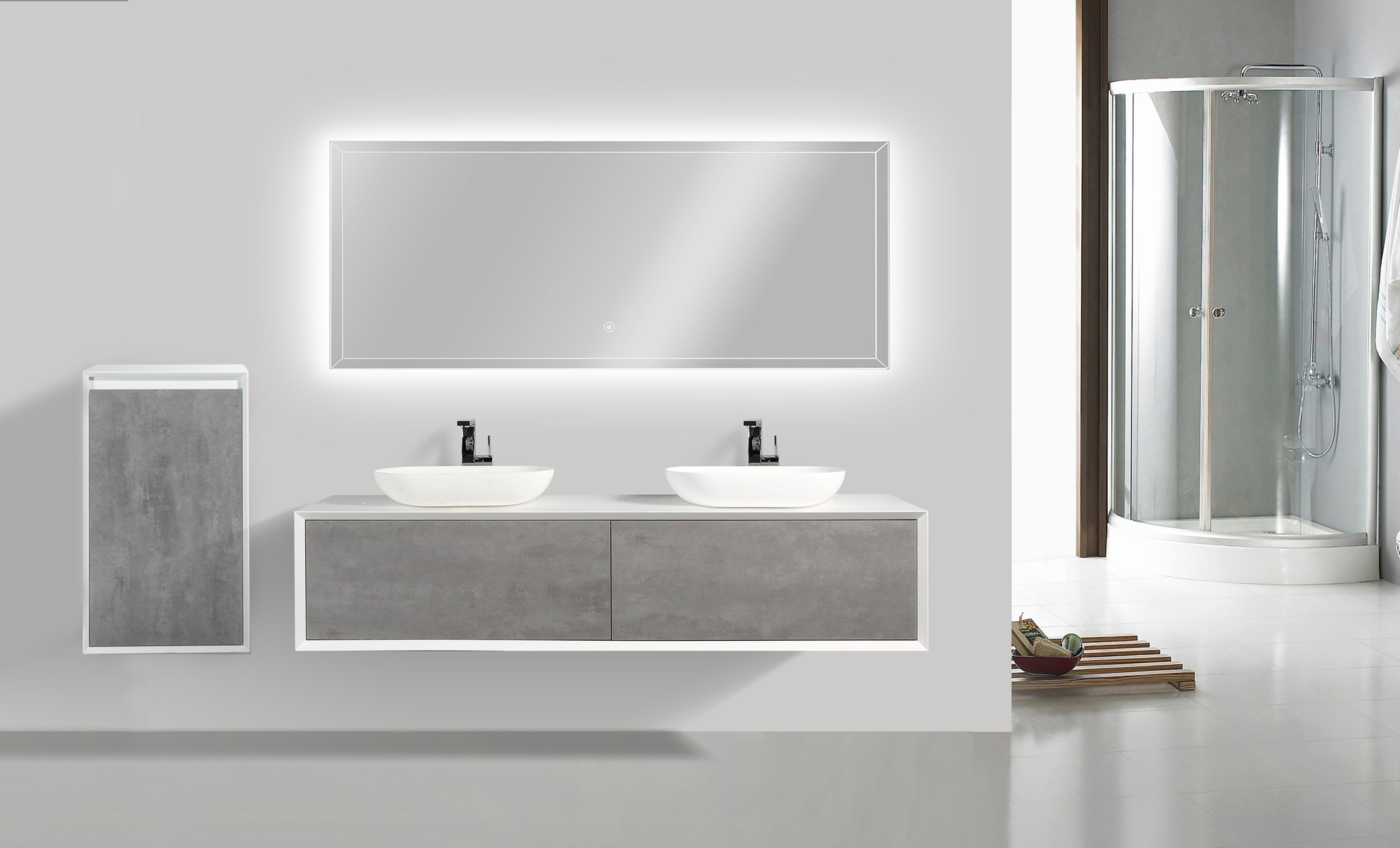 Waschtischunterschrank Fiona 180 cm Weiß matt - Front Beton- oder Eiche-Optik