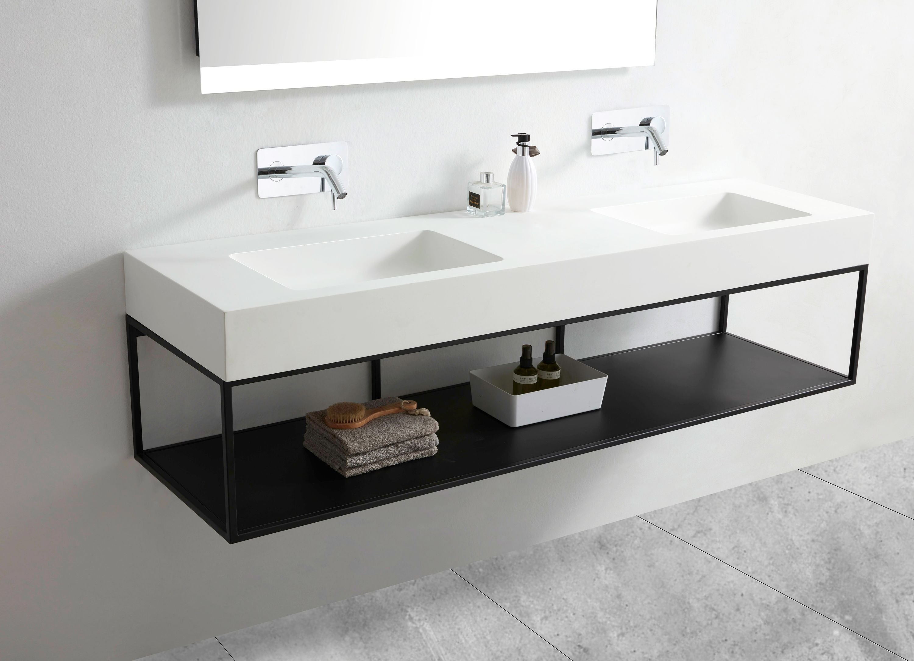 Wandwaschbecken Doppelwaschtisch BA8016 aus Mineralguss - 163 x 45 x 12 cm - Farbe wählbar - Metallkonsole optional Wandwaschbecken Doppelwaschtisch BA8016 aus Mineralguss - 163 x 45 x 12 cm - Farbe wählbar - Metallkonsole optional
