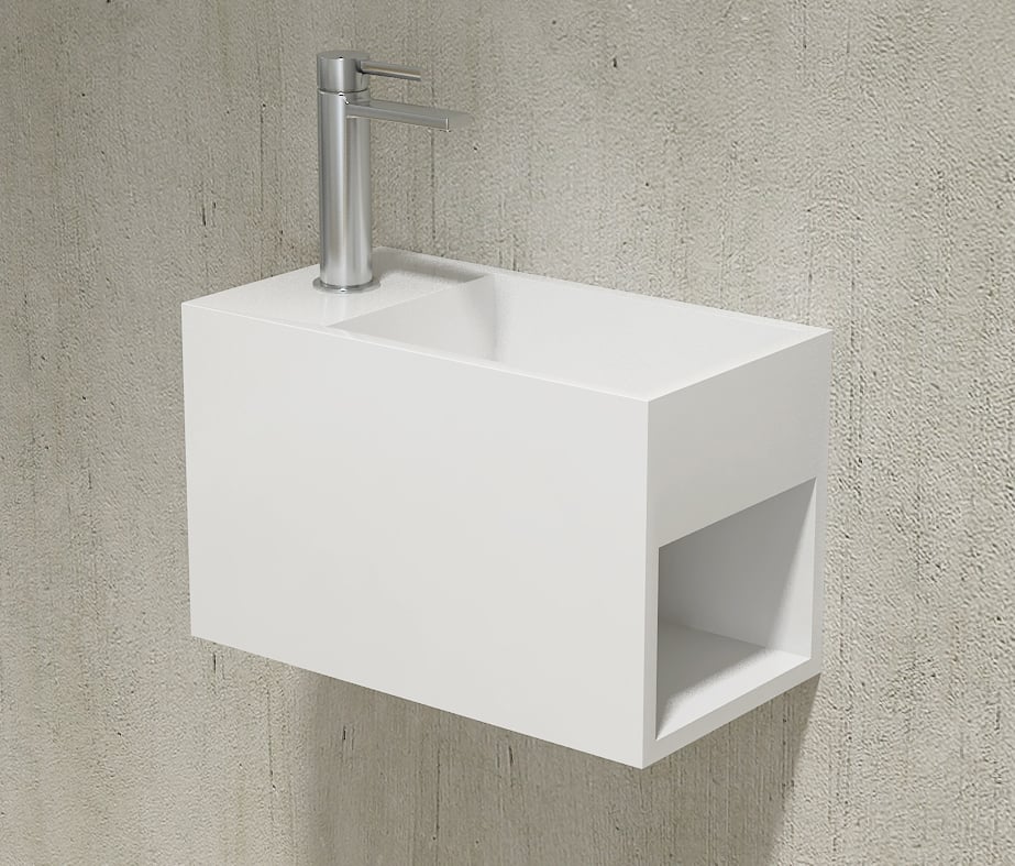 Wandwaschbecken PB2046 aus Mineralguss - 33 x 18 x 20,5 cm - Weiß matt - mit seitlichem Ablagefach rechts