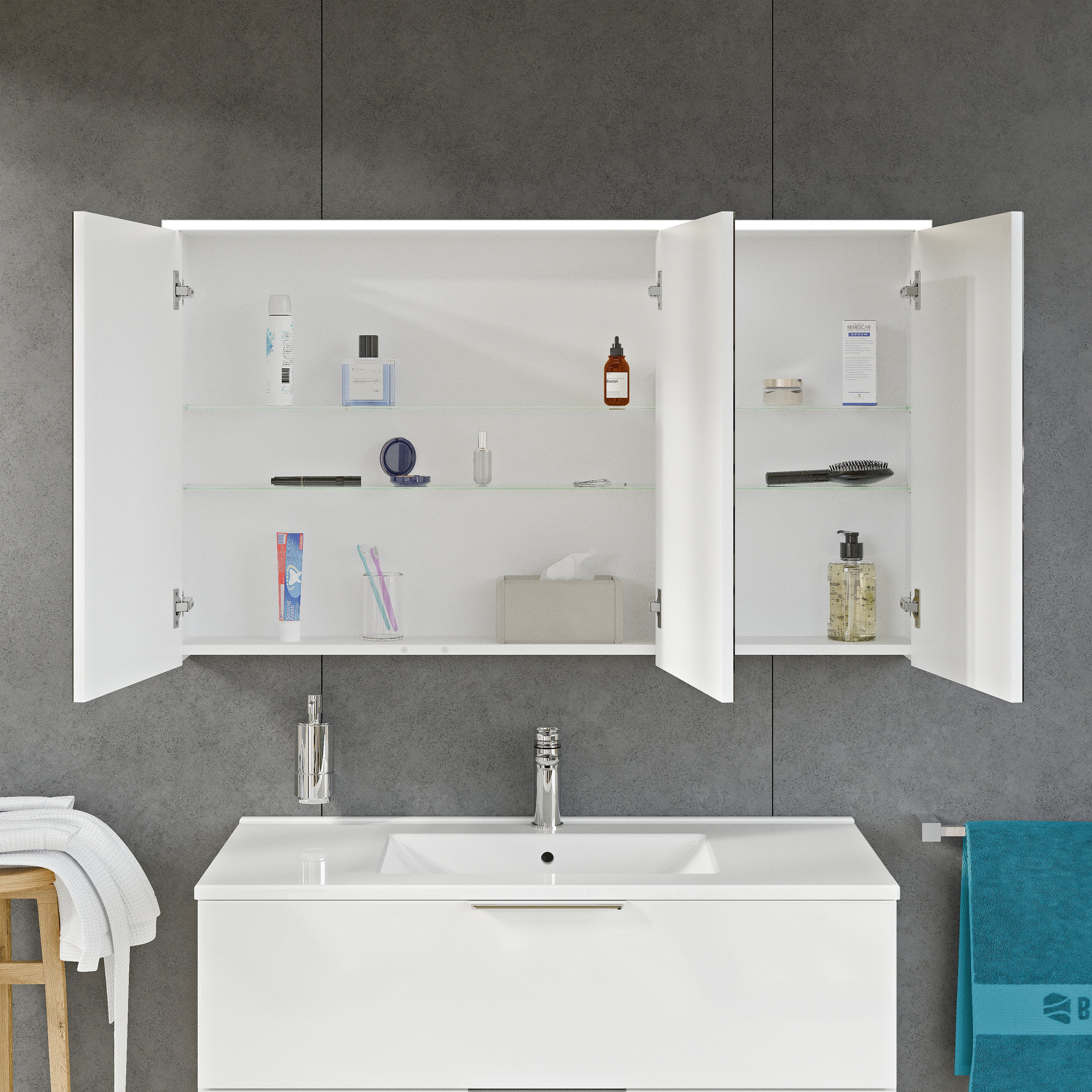 Spiegelschrank SOLO mit LED-Beleuchtung - 120 cm - 3 Türen - Farbe wählbar