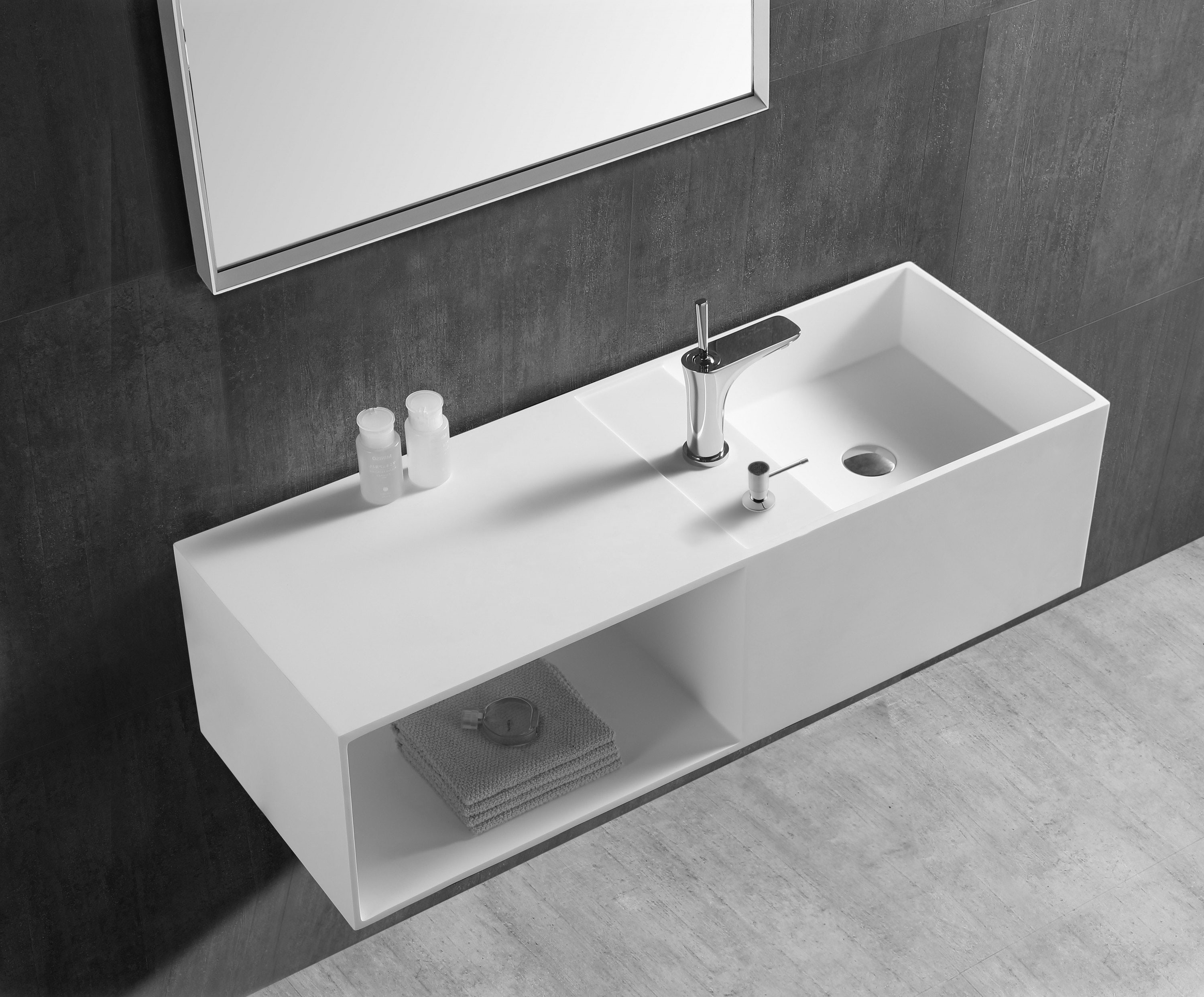 Wandwaschbecken Mineralguss TWG36 in Weiß mit Ablagefach links - 110 x 40 x 30 cm