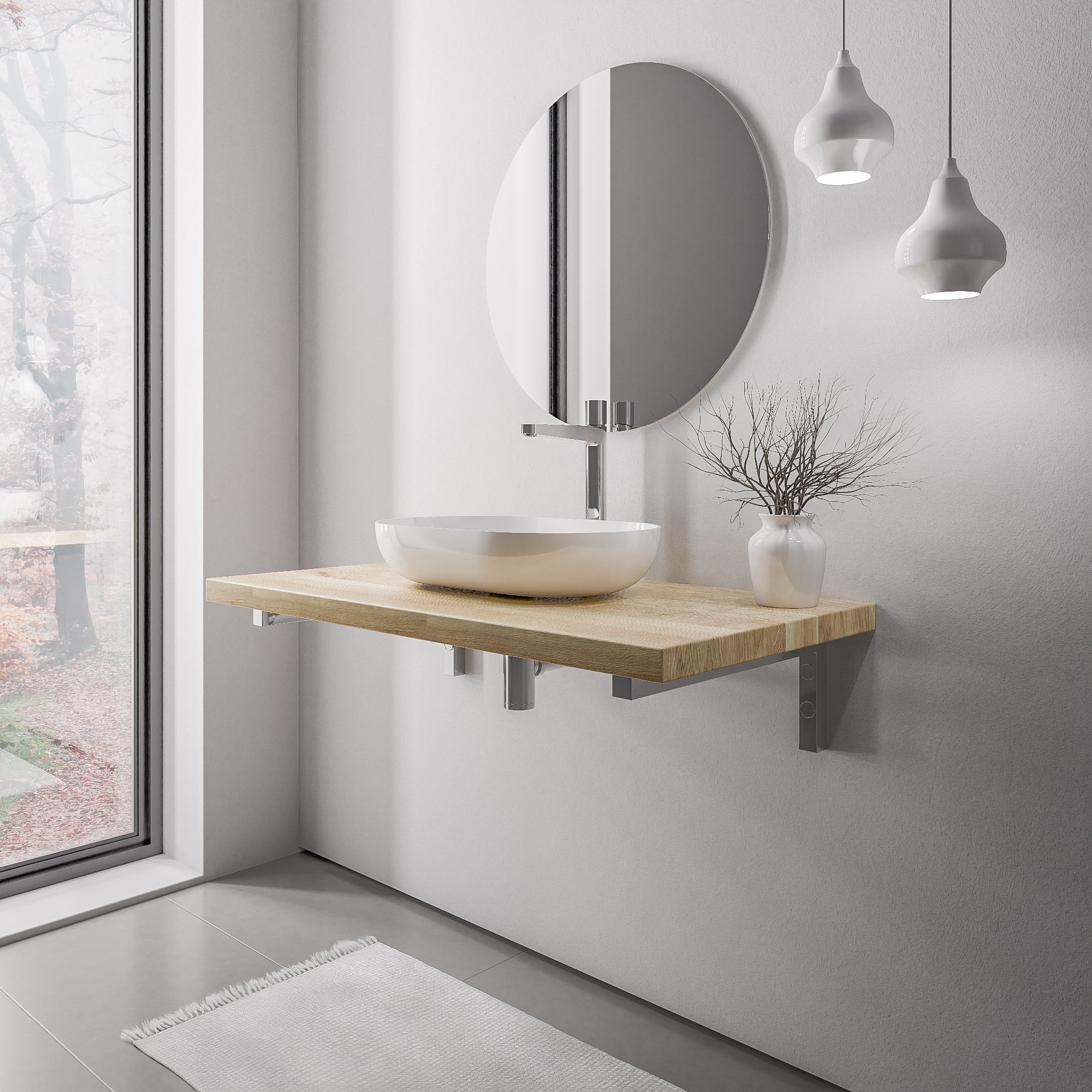 Waschtischplatte PUREWOOD Eiche Massiv 100 cm mit Konsolenträger Chrom