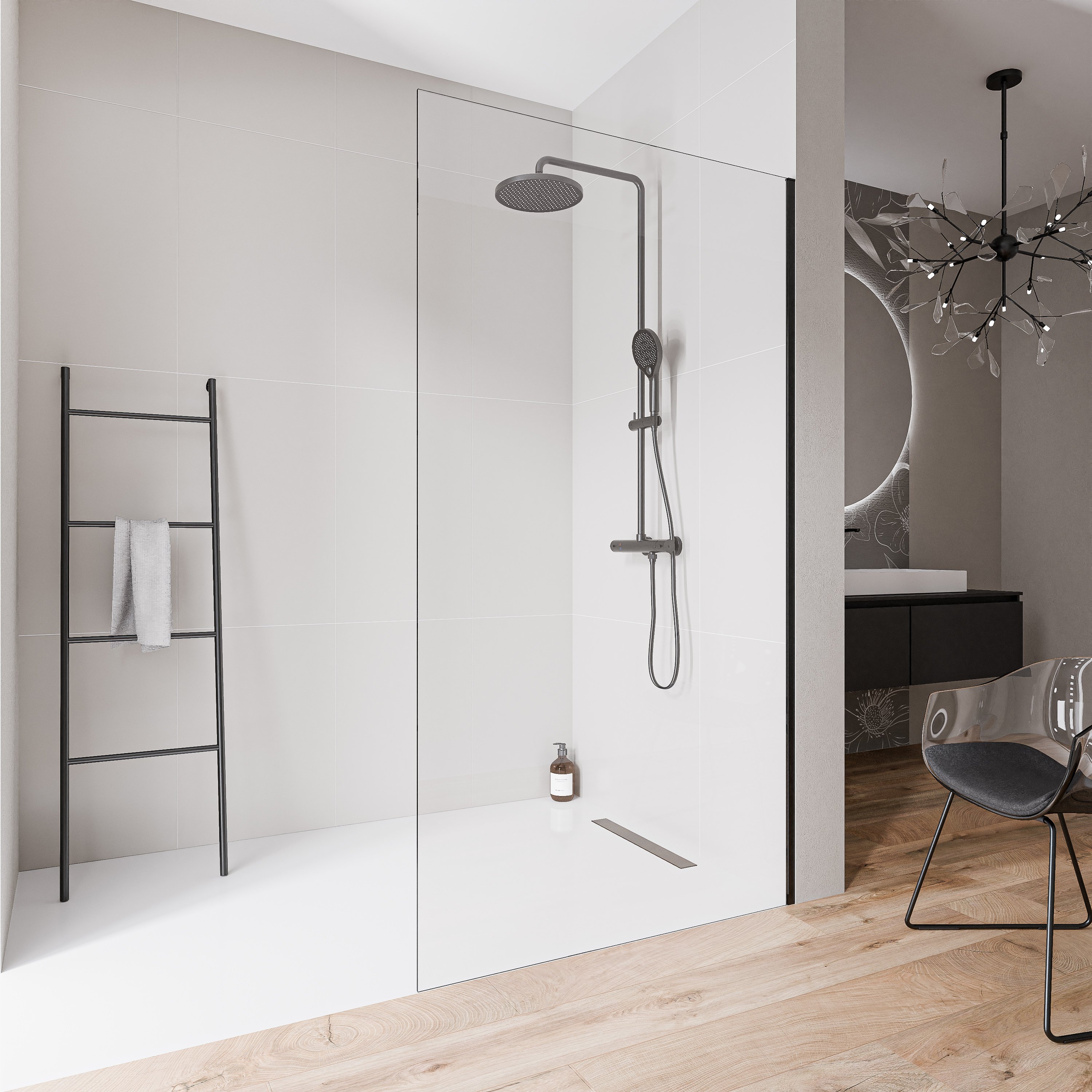 Walk-In 10mm Nano Klarglas EX102-2 - Edelstahlprofil Schwarz matt - Höhe 220cm - Breite wählbar