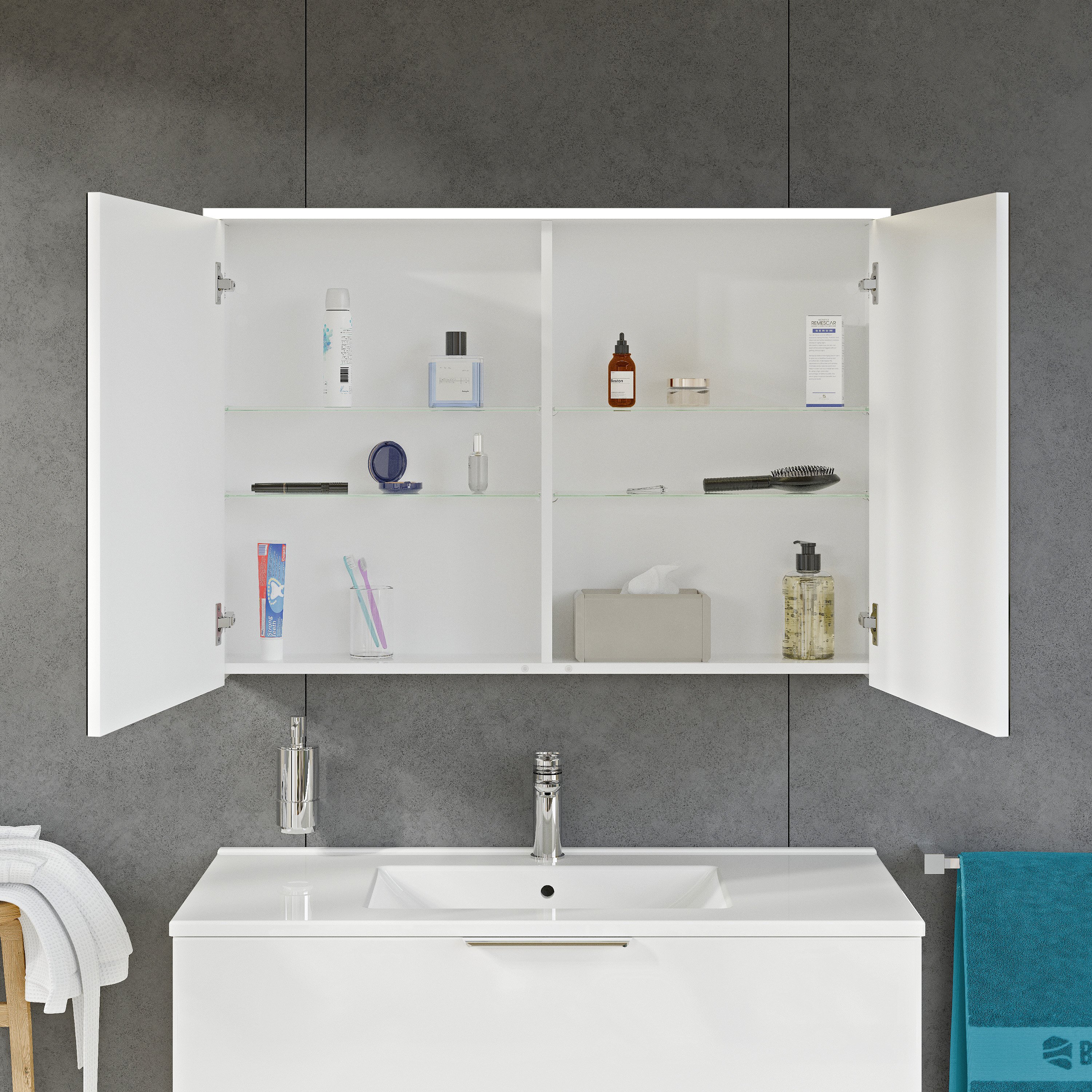 Spiegelschrank SOLO mit LED-Beleuchtung - 100 cm - 2 Türen - Farbe wählbar
