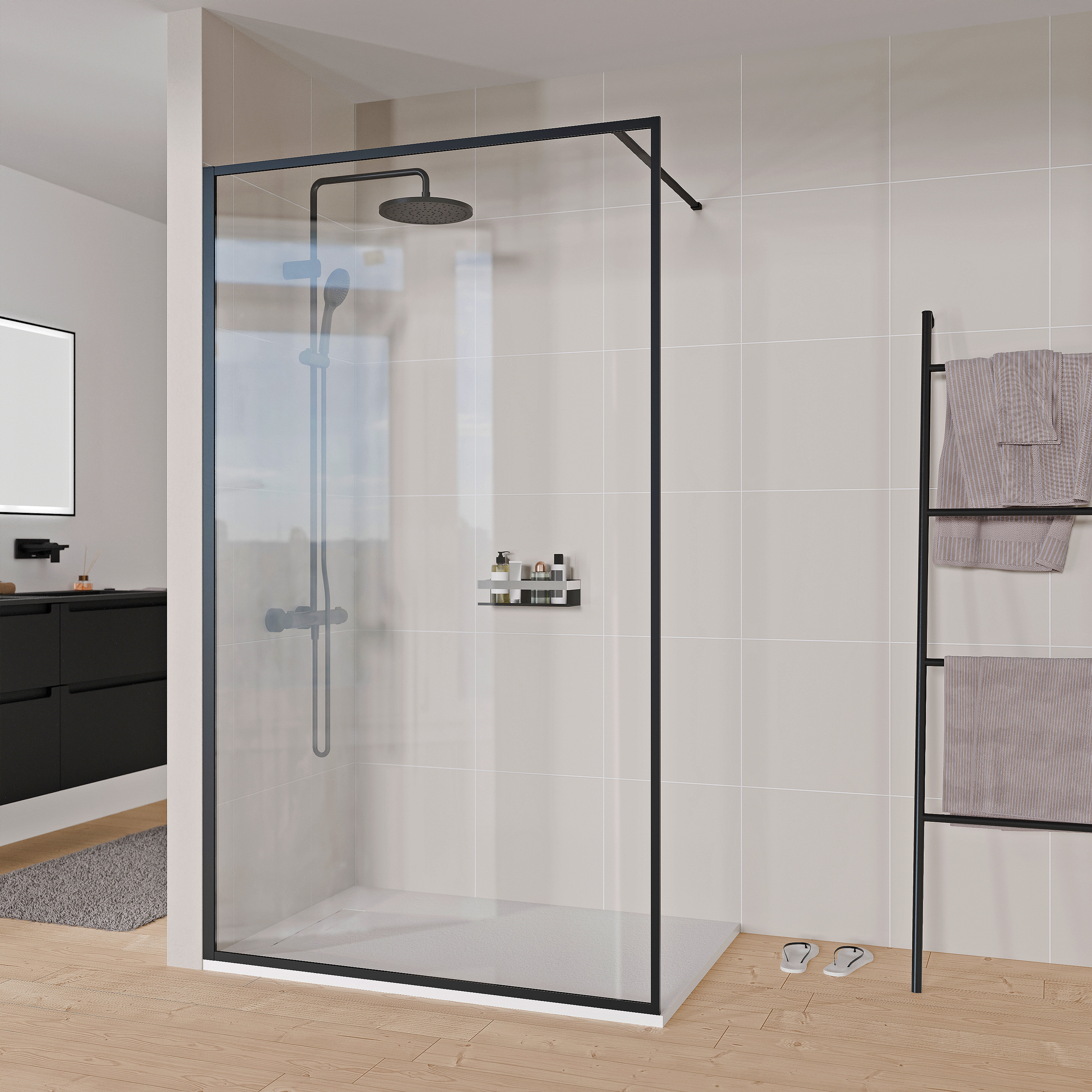 Duschabtrennung Walk-In 8mm Klarglas FRAME - Höhe 220cm – Aluminiumprofil Schwarz matt inkl. Stabilisationsstange - Breite wählbar