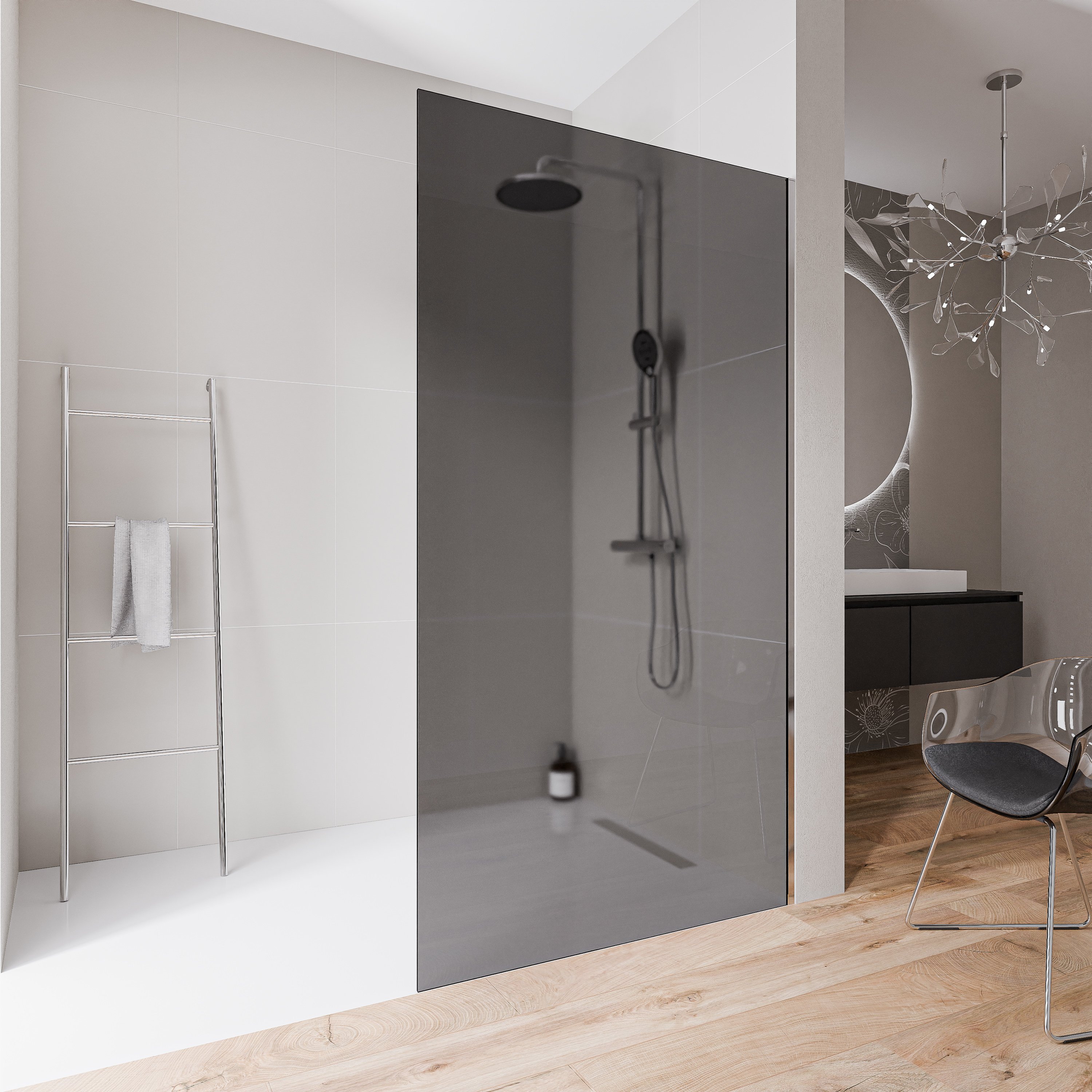 Walk-In 10mm Nano Graues Glas EX102-2 - Edelstahlprofil Chrom - Höhe 220cm - Breite wählbar