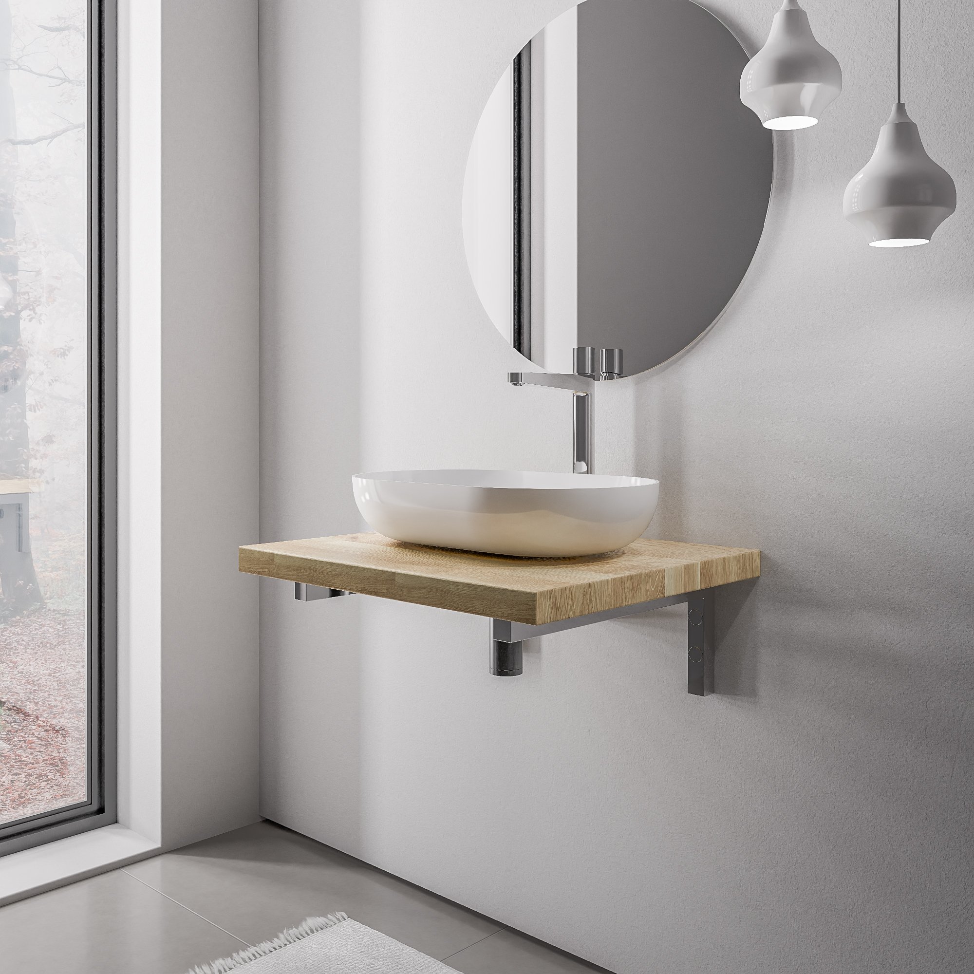 Waschtischplatte PUREWOOD Eiche Massiv 60 cm mit Konsolenträger Chrom