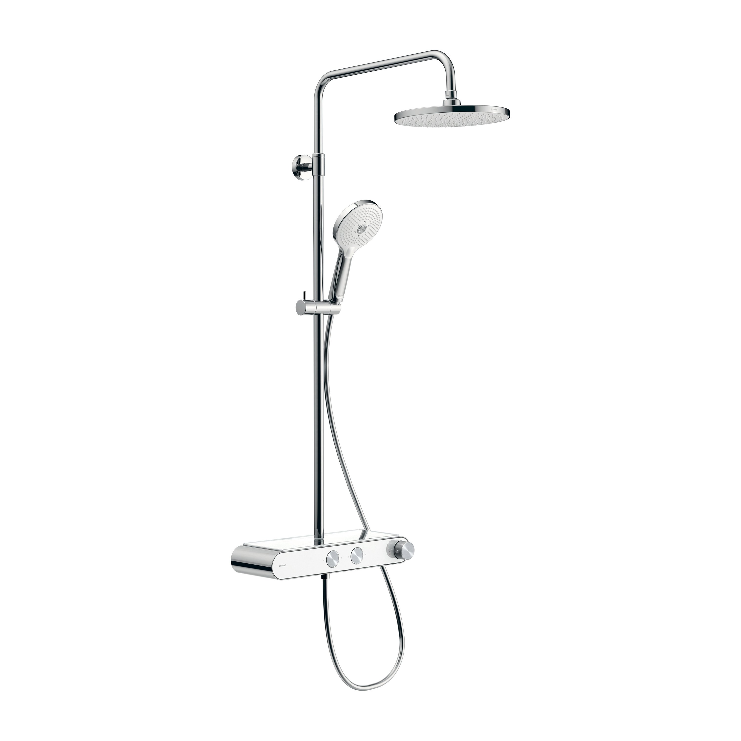 Duravit Duschsystem mit Thermostat, Glasablage, 3 Strahlarten und MinusFlow-Funktion – Chrom/Weiß