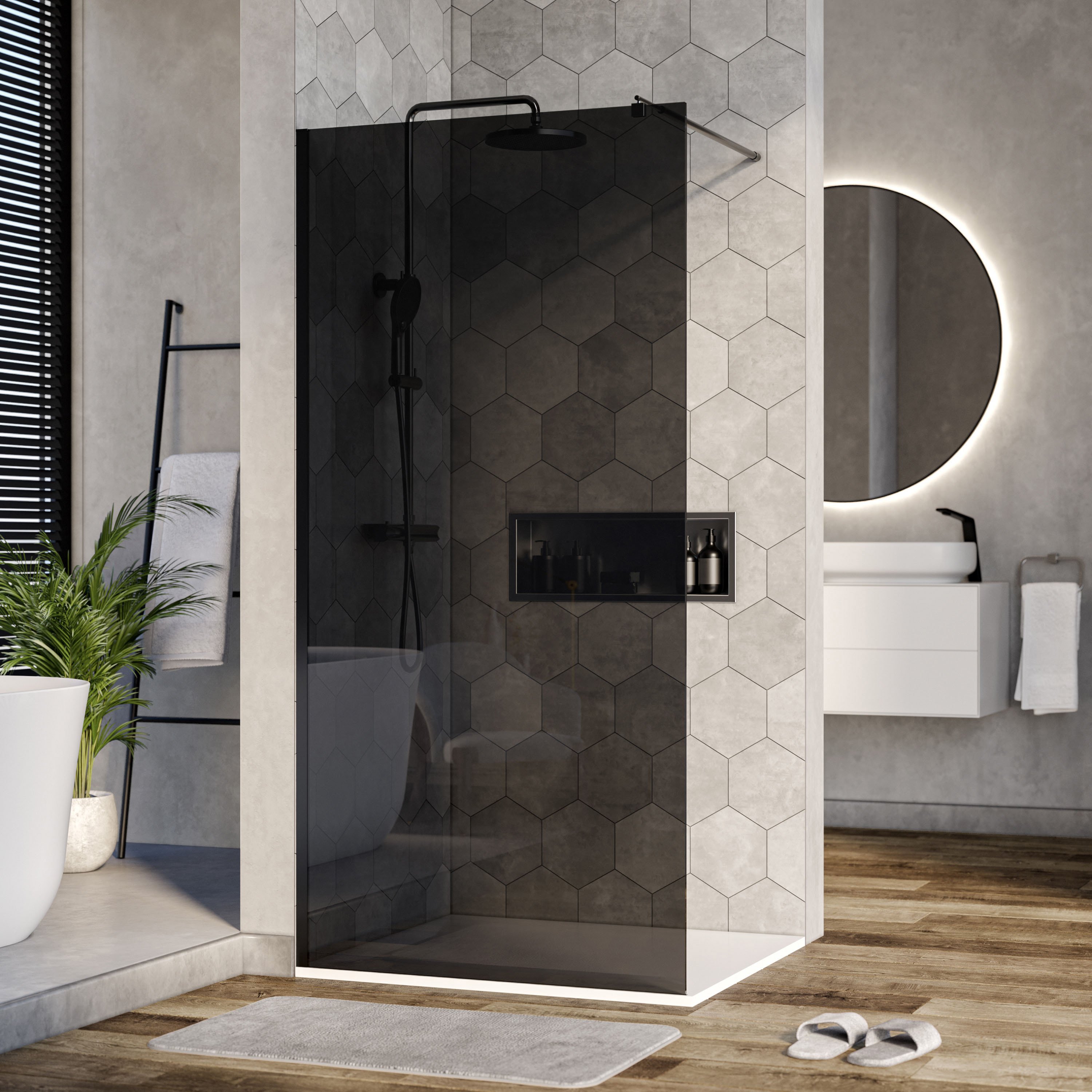 Duschabtrennung Walk-In Nano EX101 - Graues Glas - 8 mm - Wandprofil Schwarz - Breite wählbar