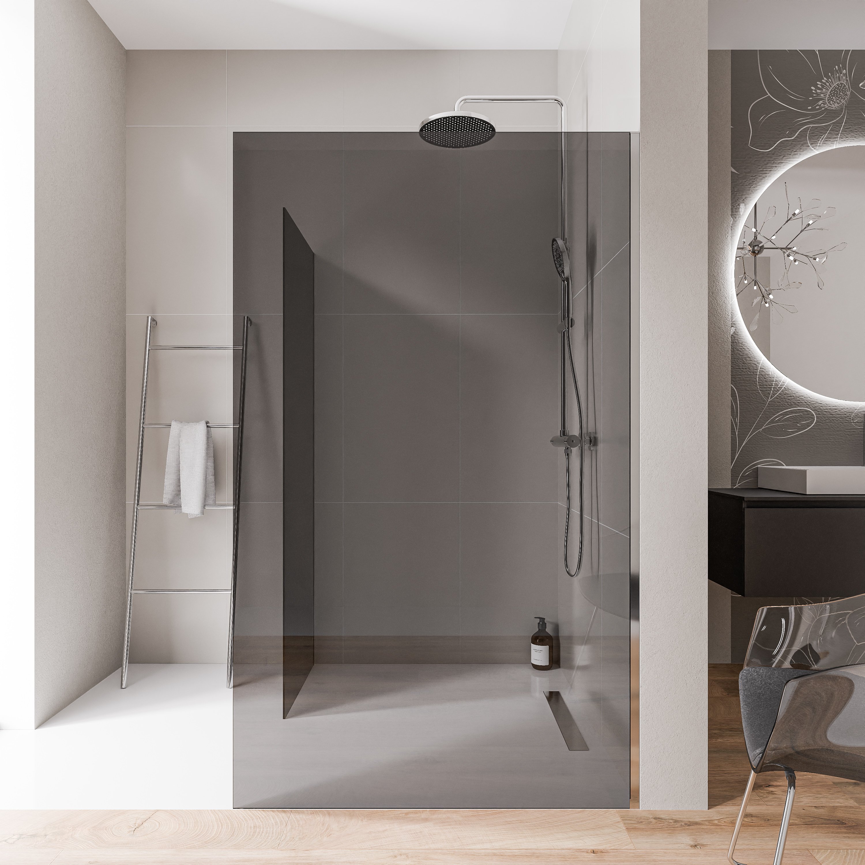 Walk-In 10mm Nano Graues Glas EX102 – 2 Glaswände & Edelstahlprofil Chrom - Breite wählbar