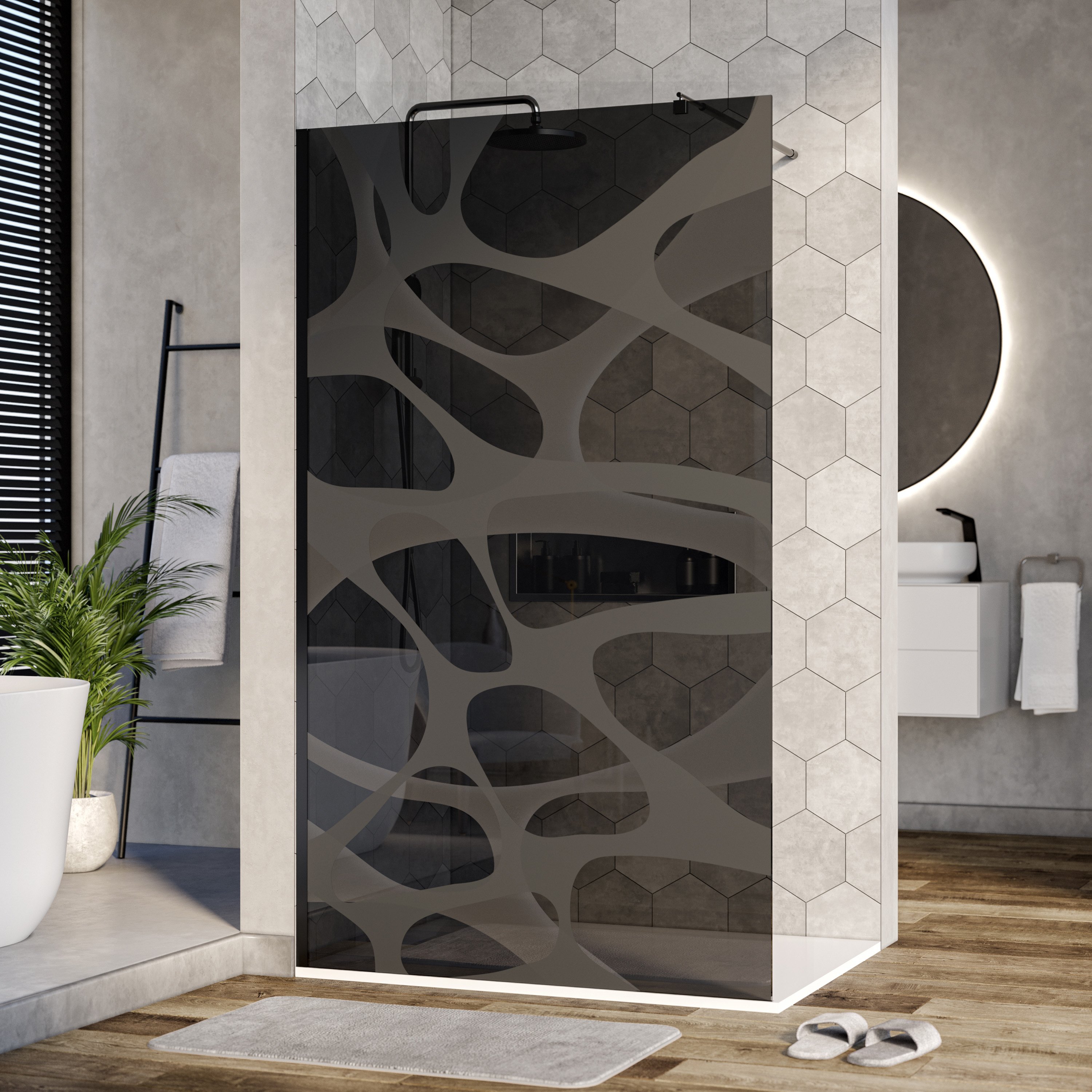 Duschabtrennung Walk-In Nano Echtglas EX101 - Milchglas-Muster Wave - Schwarz matt - Nano Graues Glas - 10 mm - Breite wählbar