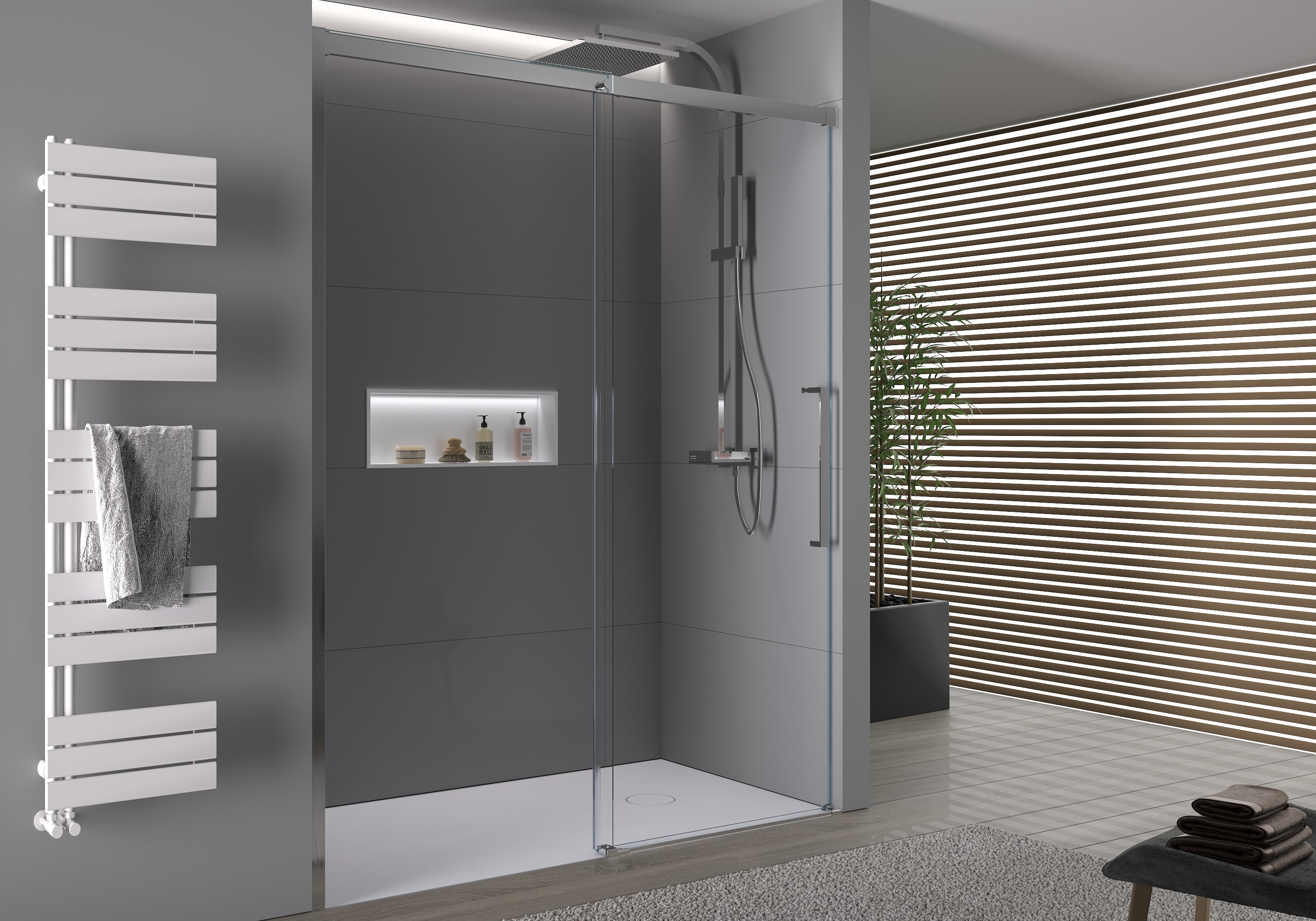 Nischendusche mit Schiebetür Soft-Close DX906 FLEX Chrom - 8 mm Nano Echtglas - Breite wählbar