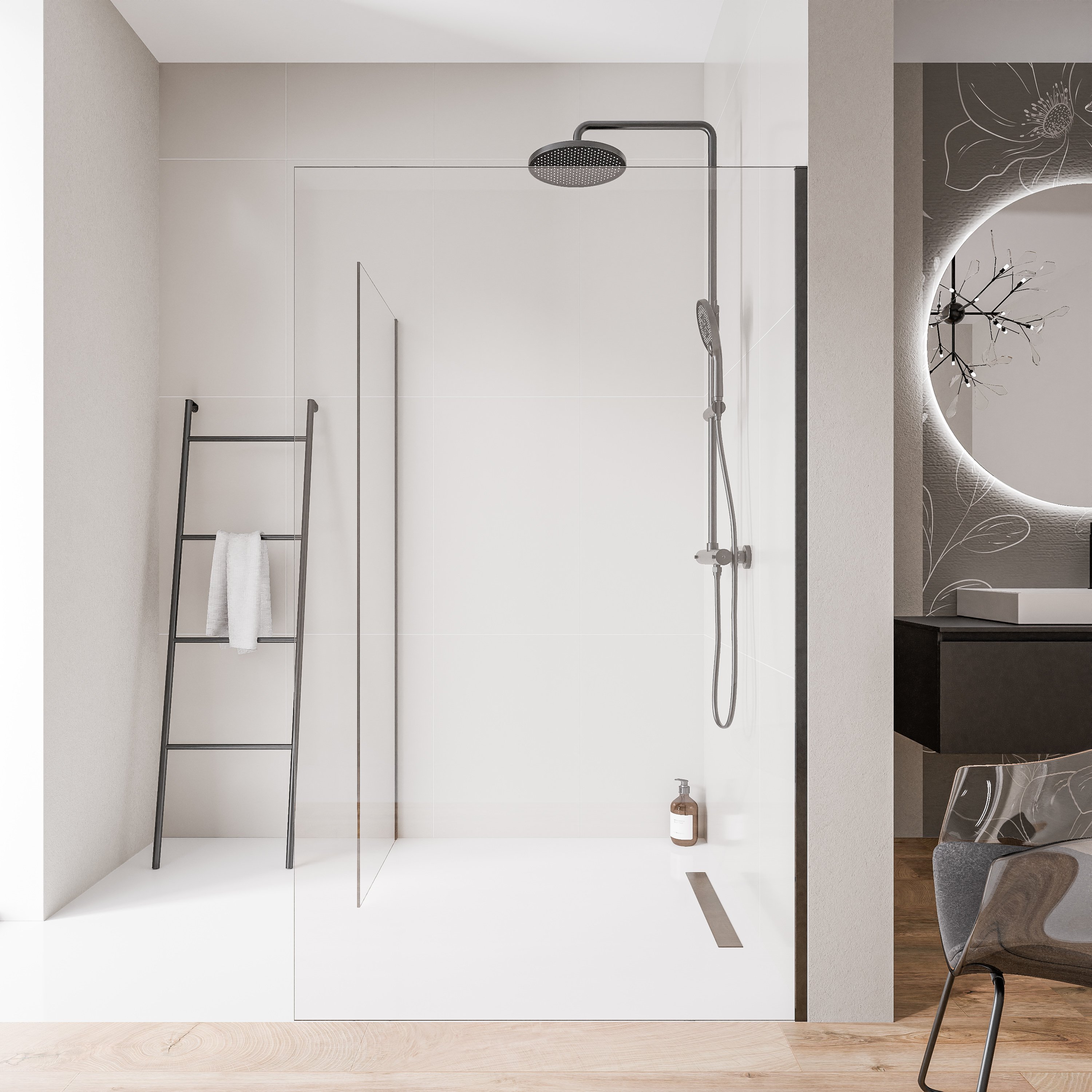 Walk-In 10mm Nano Klarglas EX102 – 2 Glaswände & Edelstahlprofil Schwarz matt - Breite wählbar
