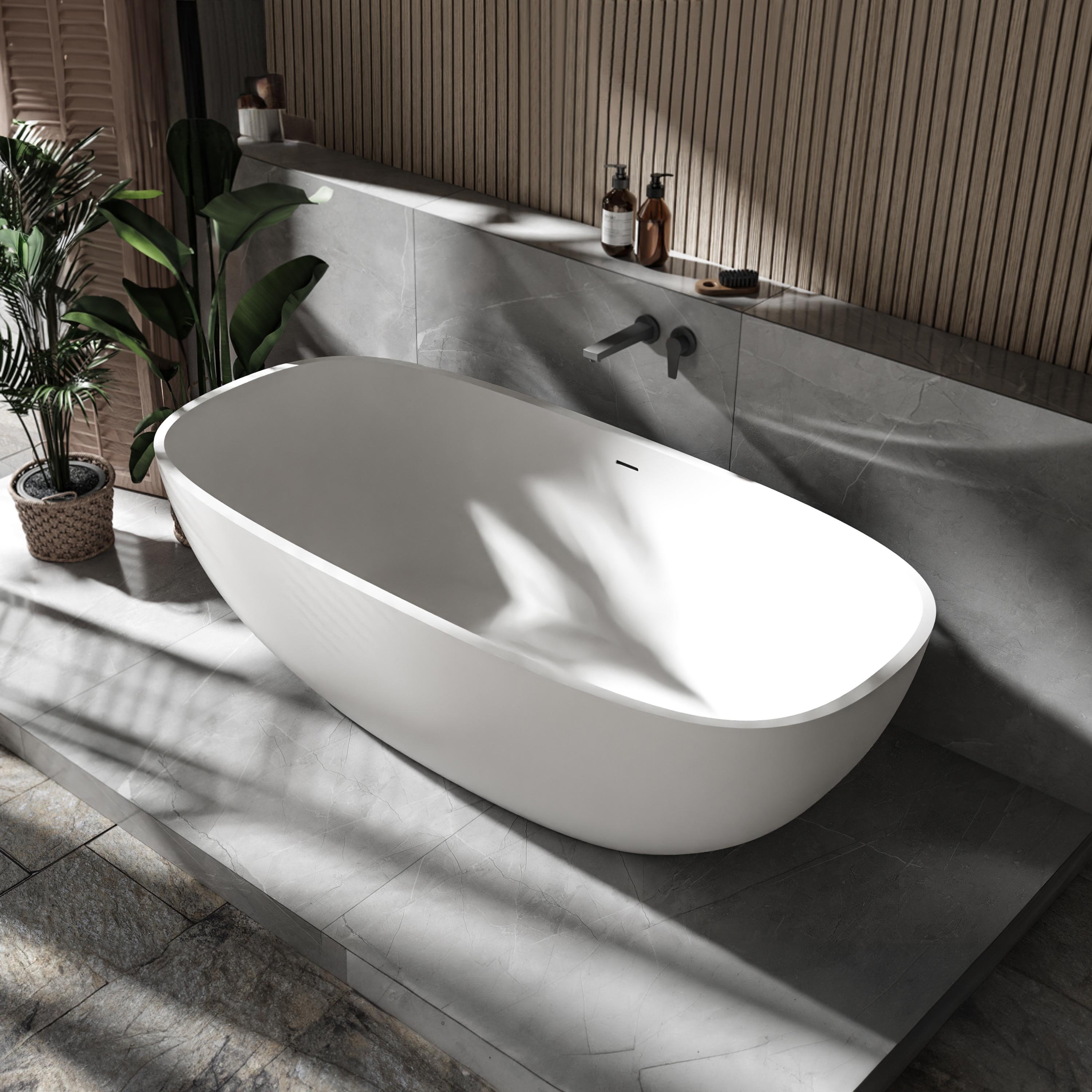 Freistehende Badewanne OCEAN STONE aus Mineralguss Weiß matt - 180 x 87 cm 