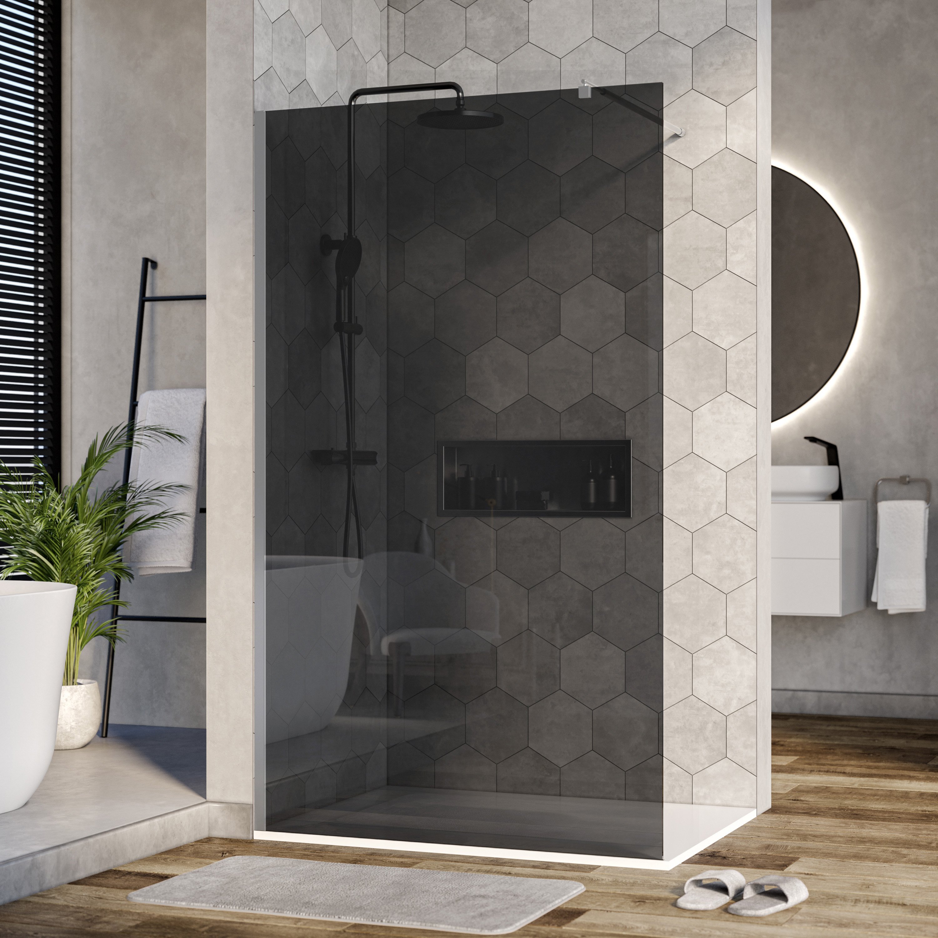 Duschabtrennung Walk-In Nano Echtglas EX101 - Graues Glas - 10 mm - Wandprofil Chrom - Breite wählbar