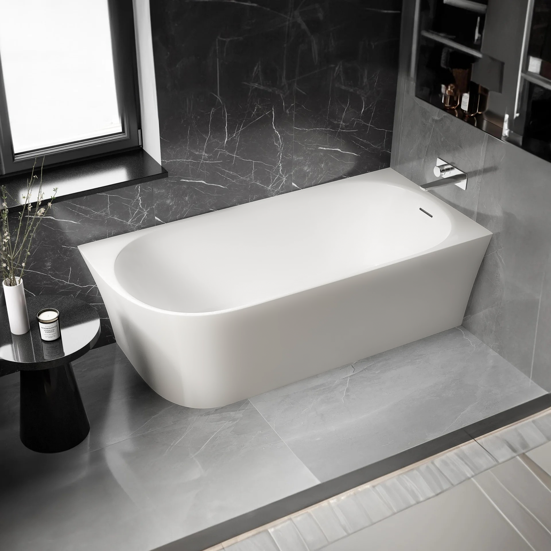 Halb freistehende Raumsparbadewanne NORA CORNER Acryl Weiß matt - 170 x 80 cm - Einbau Rechts