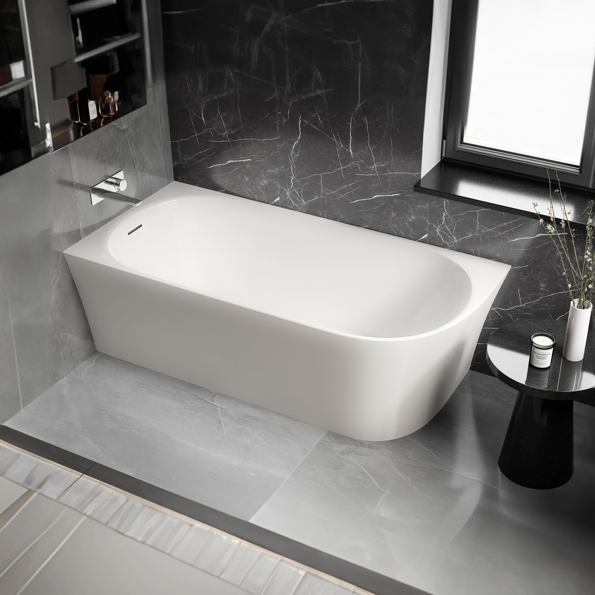 Halb freistehende Raumsparbadewanne NORA CORNER Acryl Weiß matt - 170 x 80 cm - Einbau Links 
