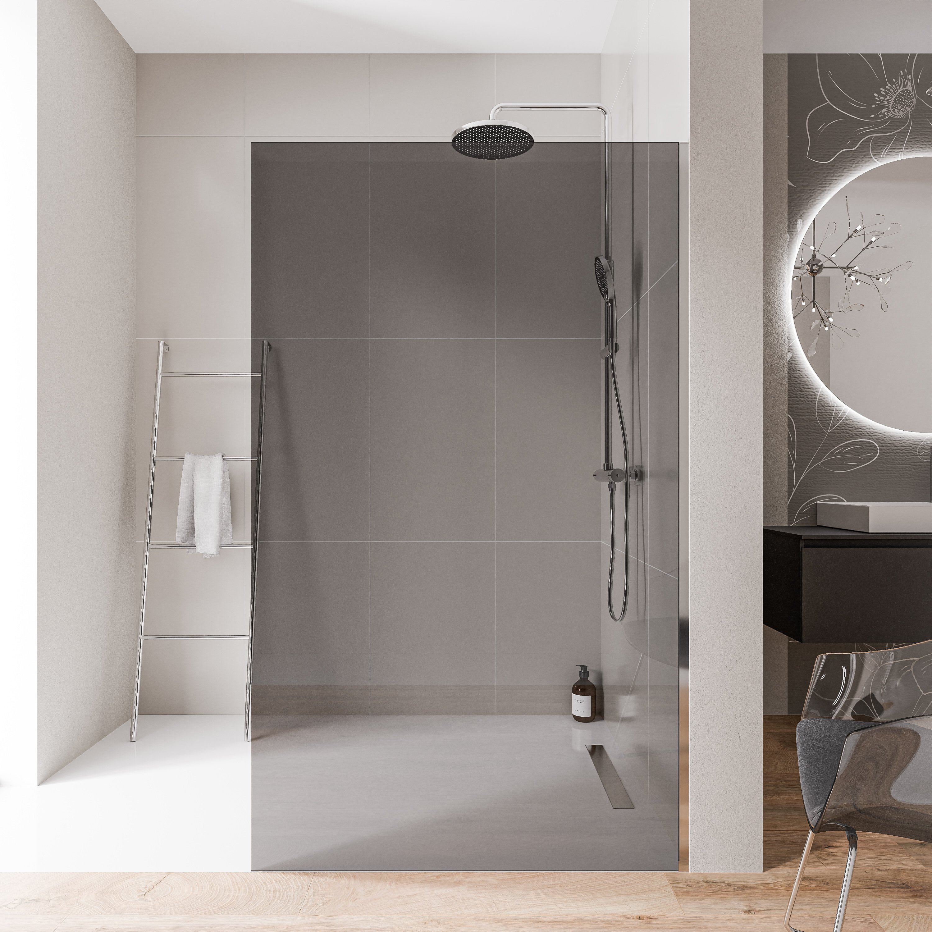 Walk-In 10mm Nano Graues Glas EX102 – 1 Glaswand & Edelstahlprofil Chrom - Breite wählbar