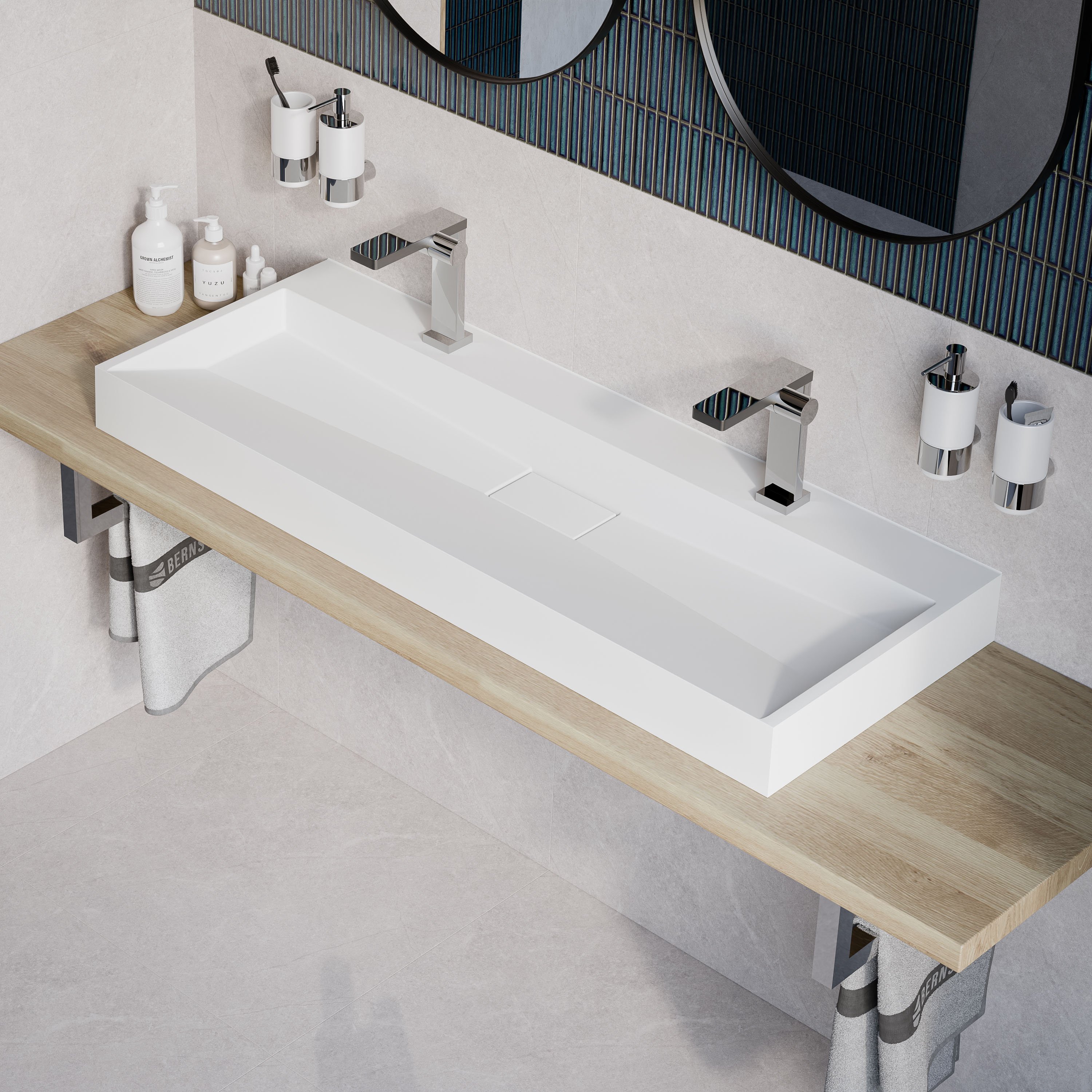 Wandwaschbecken Aufsatzwaschbecken BS6001 Gussmarmor 120 cm - Weiß - mit 2 Armaturlöchern