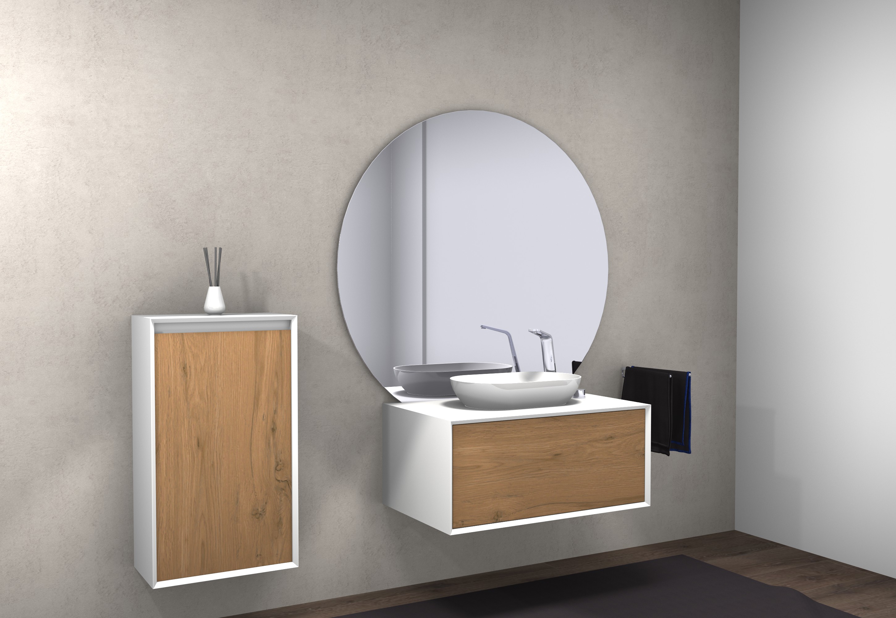 Waschtischunterschrank Fiona 90 cm Weiß matt - Front in Beton- oder Eiche-Optik