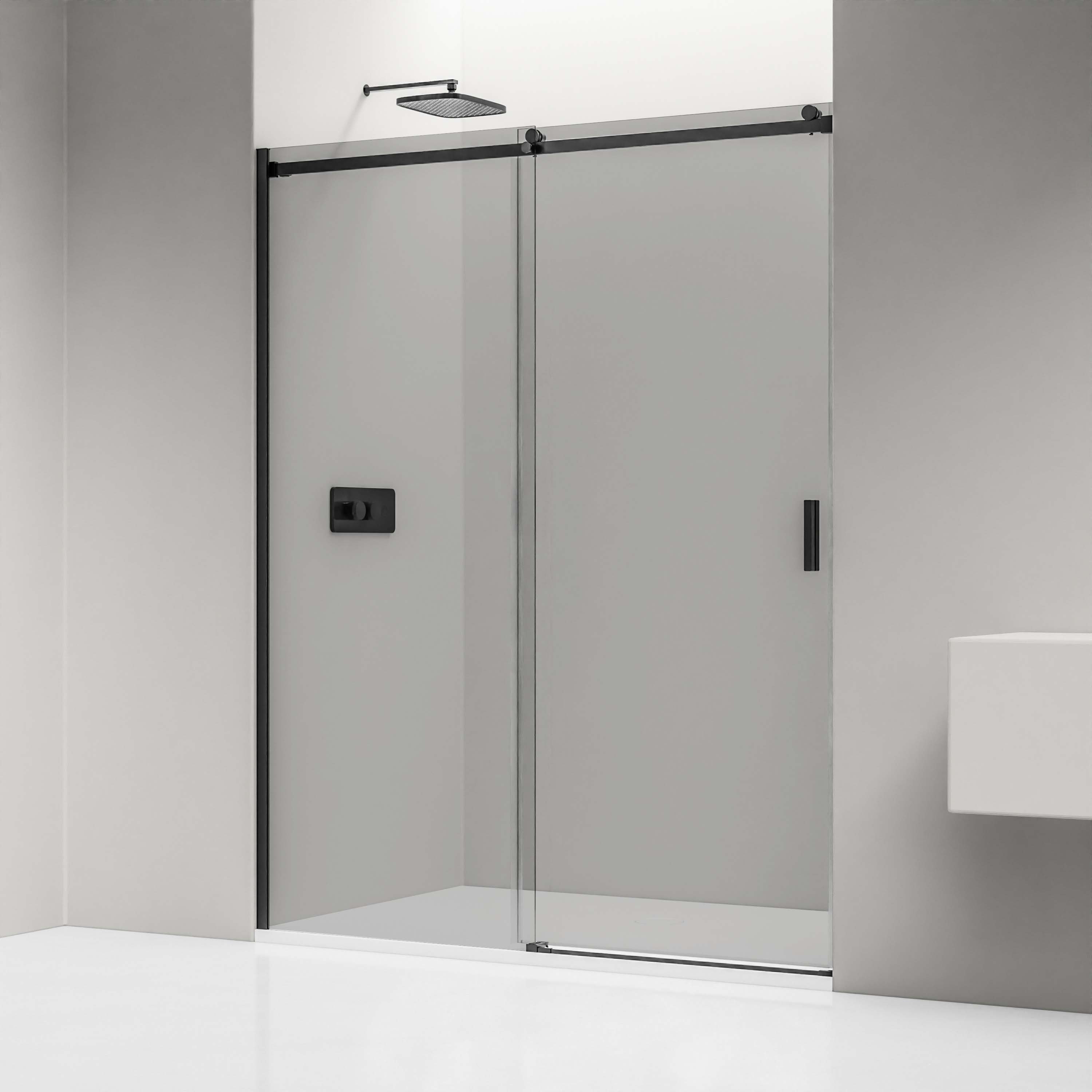 Nischendusche mit Schiebetür NT806 FLEX Schwarz matt - Nano Graues Glas - Glasstärke wählbar