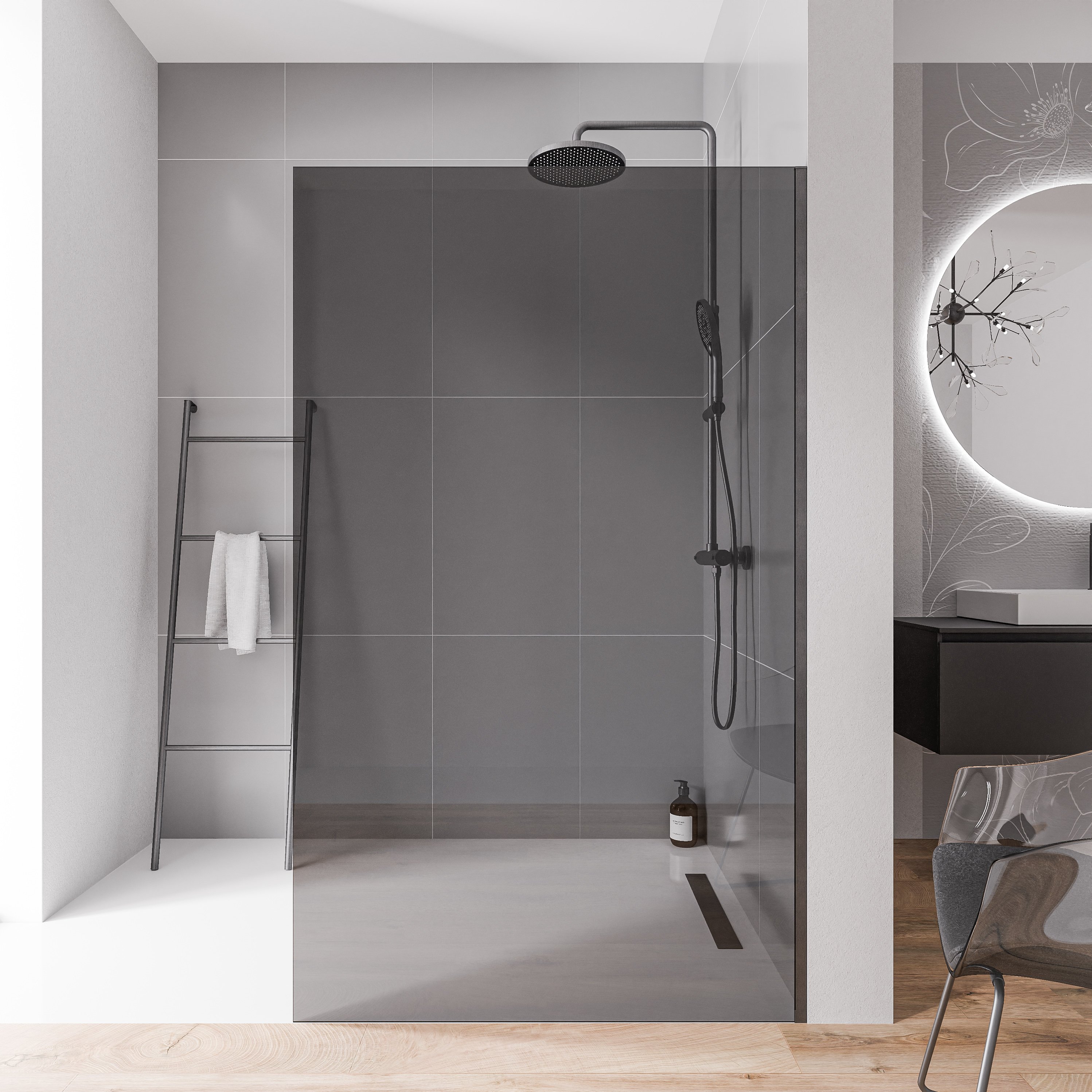 Walk-In 10mm Nano Graues Glas EX102 - Edelstahlprofil Graphitschwarz gebürstet - Breite wählbar