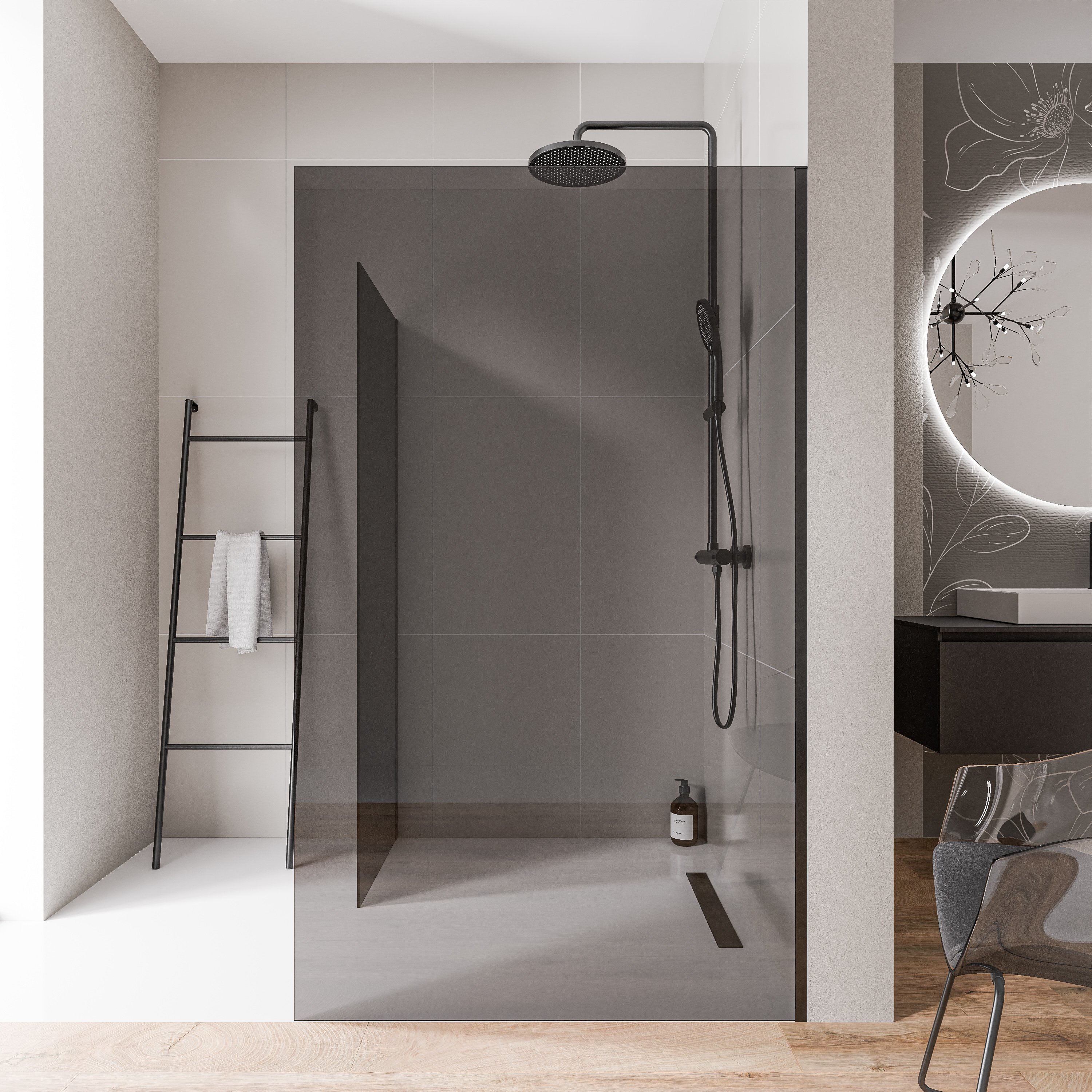 Walk-In 10mm Nano Graues Glas EX102 – 2 Glaswände & Edelstahlprofil Schwarz matt - Breite wählbar