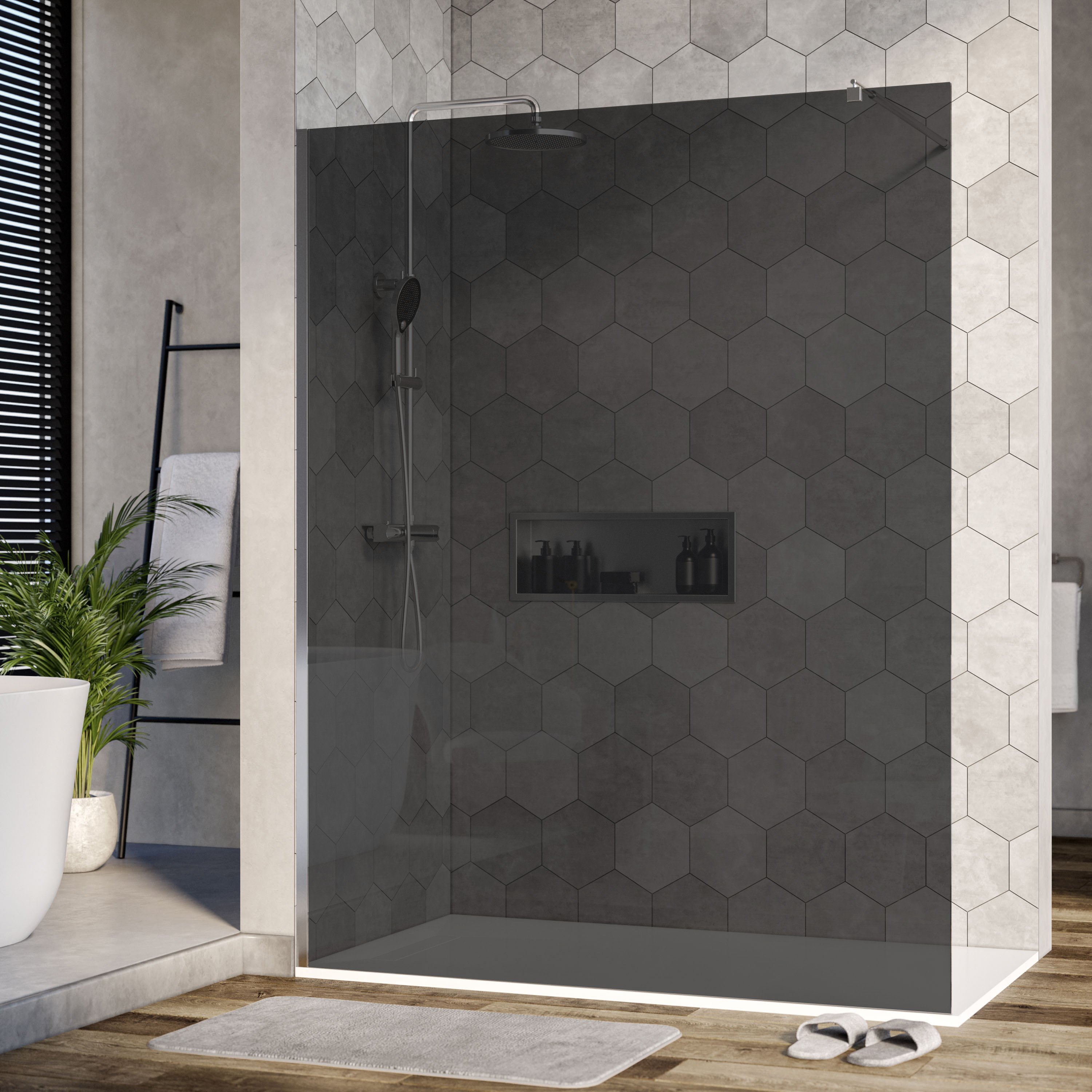 Duschabtrennung Walk-In Nano Echtglas EX101 - Graues Glas - 10 mm - Wandprofil Chrom - Breite wählbar