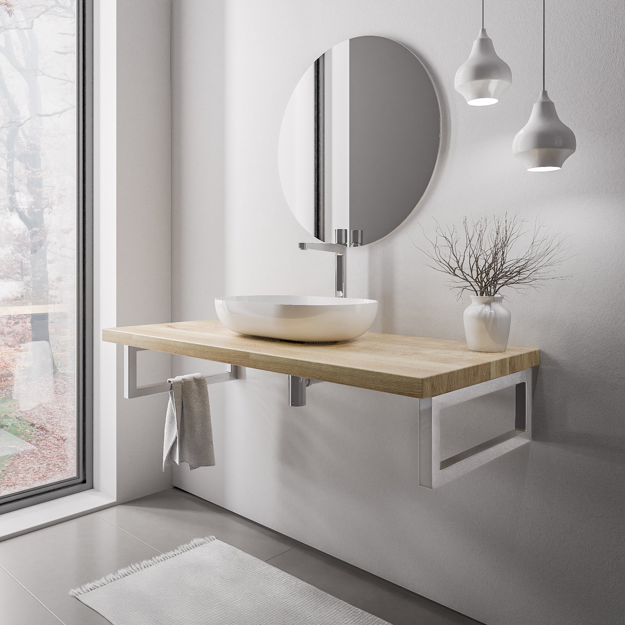 Waschtischplatte PUREWOOD Eiche Massiv 120 cm mit Handtuchhalterung Chrom