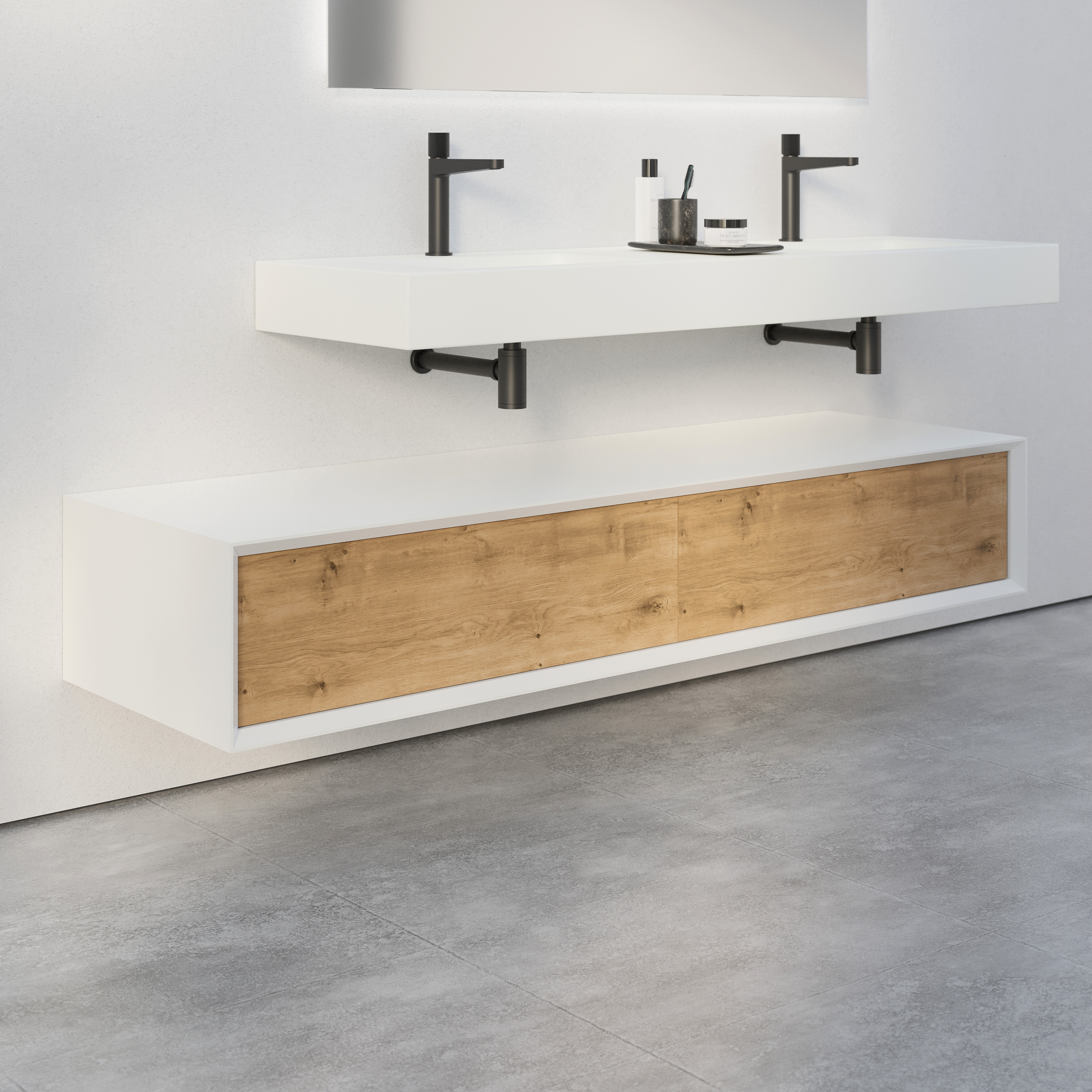 Badmöbel Sideboard Fiona Slim 180 cm Weiss matt - Front Eiche-Optik
