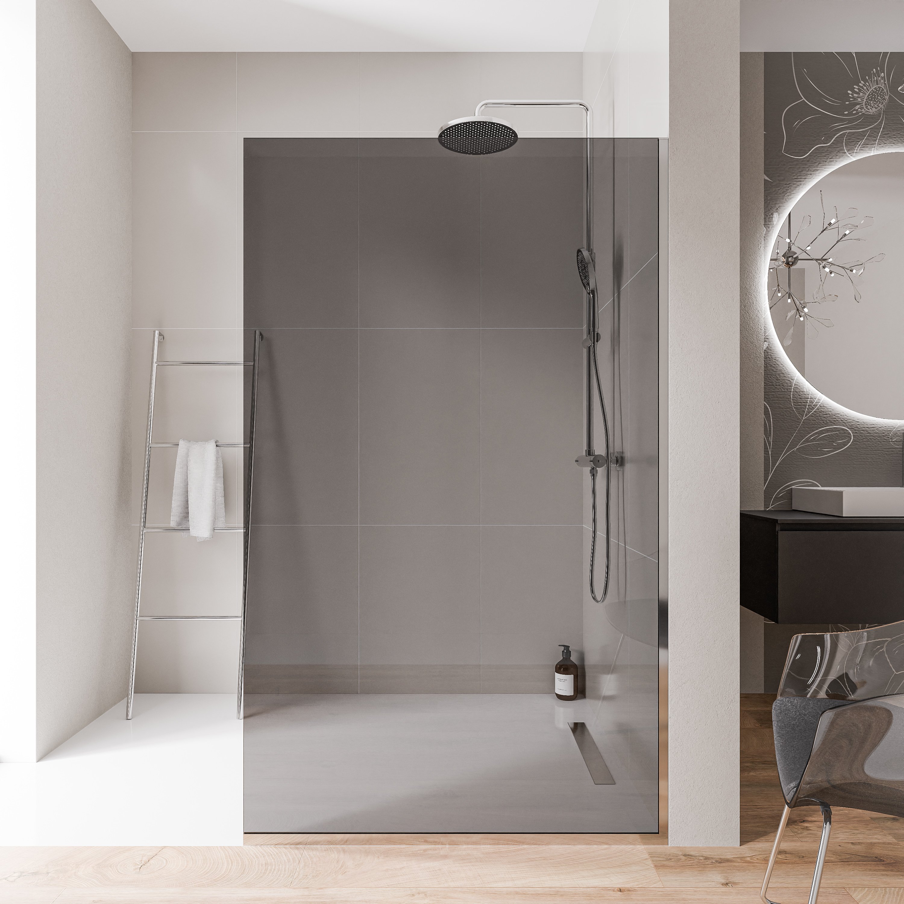 Walk-In 10 mm Nano Graues Glas EX102 - 1 Glaswand & Edelstahlprofile - Chrom - Breite wählbar