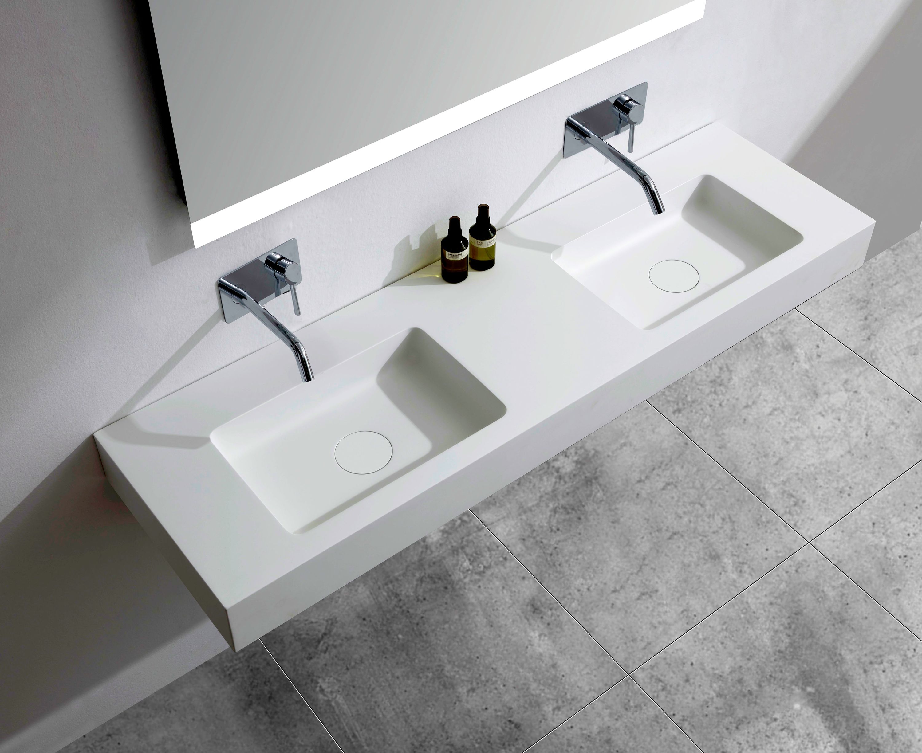 Wandwaschbecken Doppelwaschtisch BA8015 aus Mineralguss - 153 x 45 x 12 cm - Farbe wählbar - Metallkonsole optional
