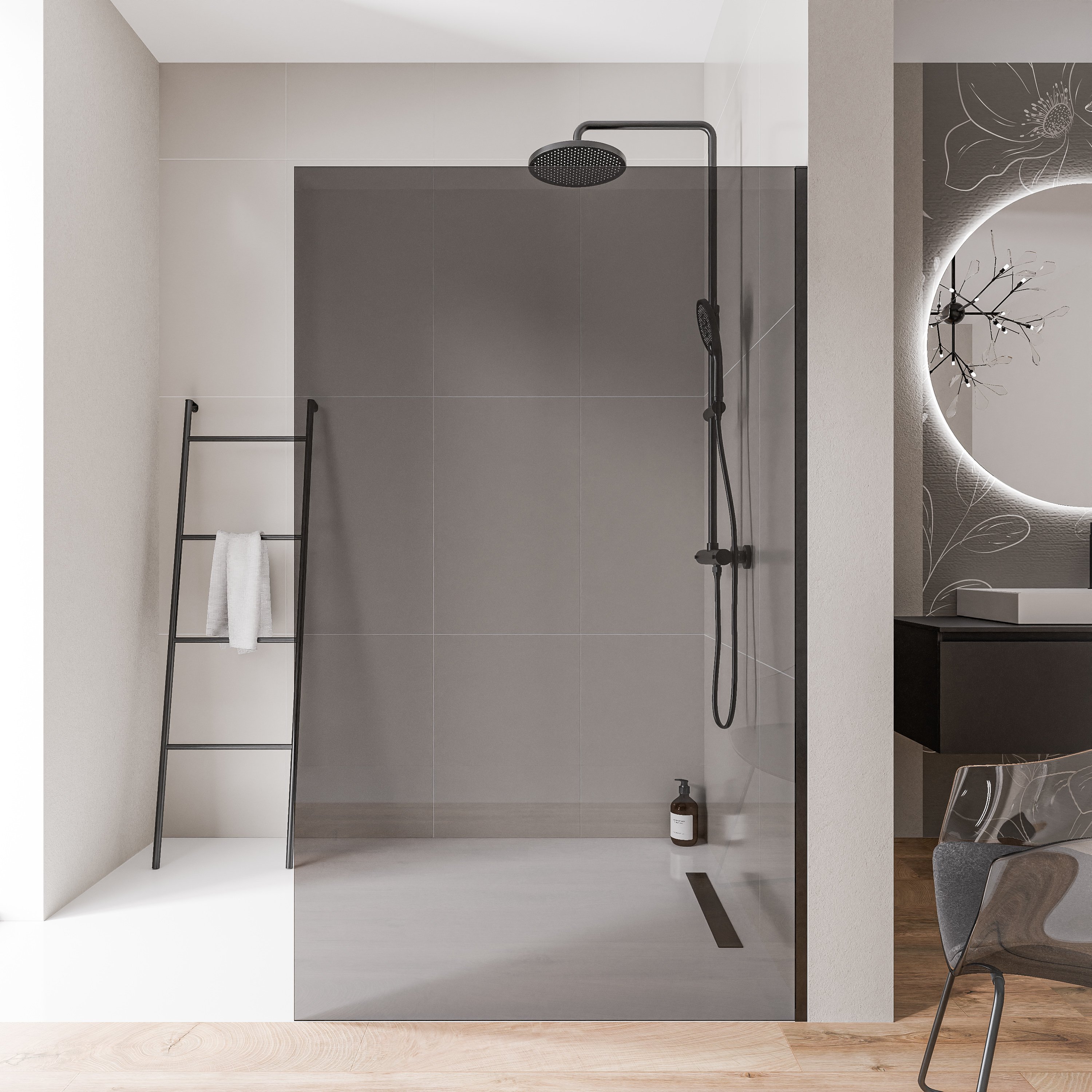 Walk-In 10mm Nano Graues Glas EX102 – 1 Glaswand & Edelstahlprofil Schwarz matt - Breite wählbar