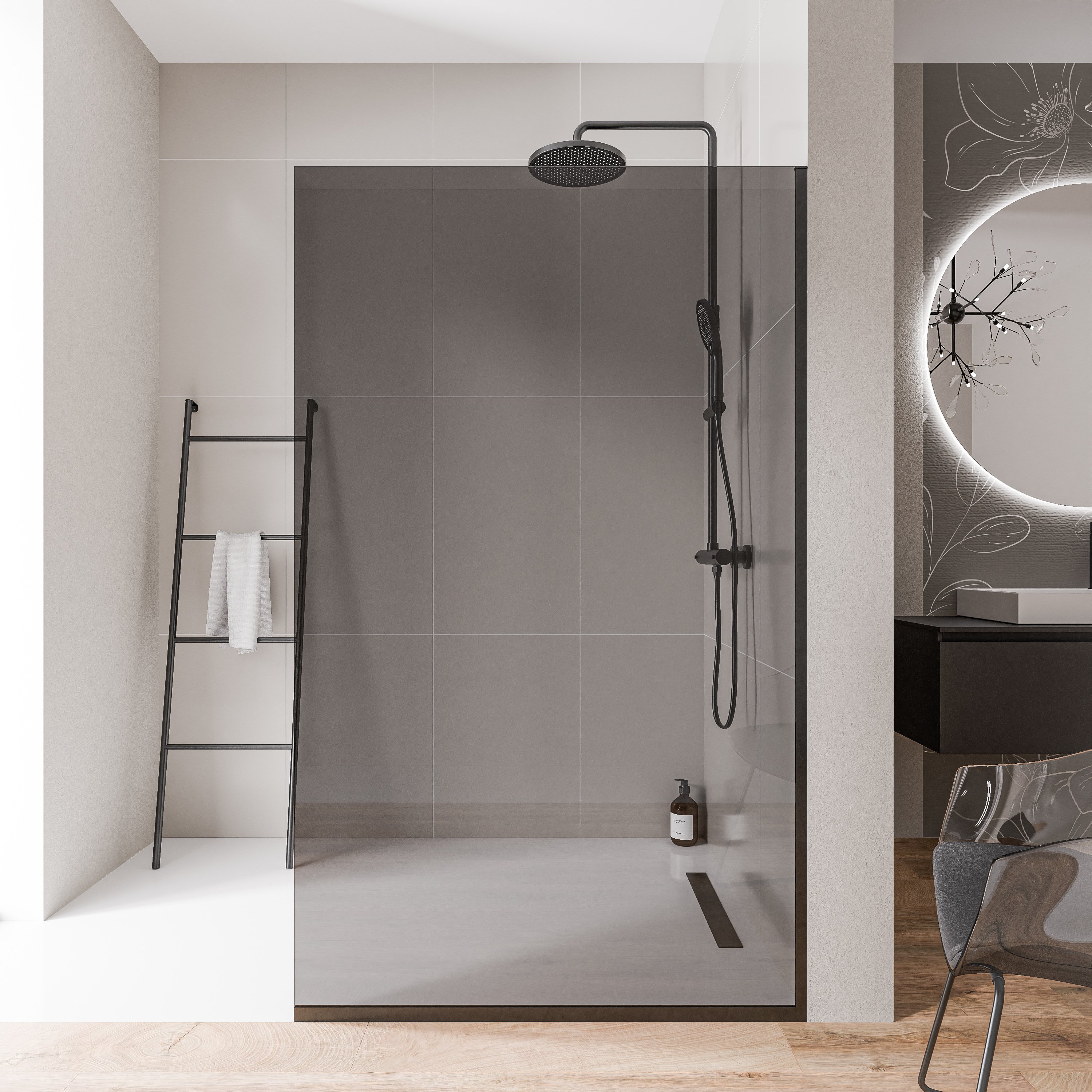 Walk-In 10 mm Nano Graues Glas EX102 - 1 Glaswand & Edelstahlprofile - Schwarz matt - Breite wählbar