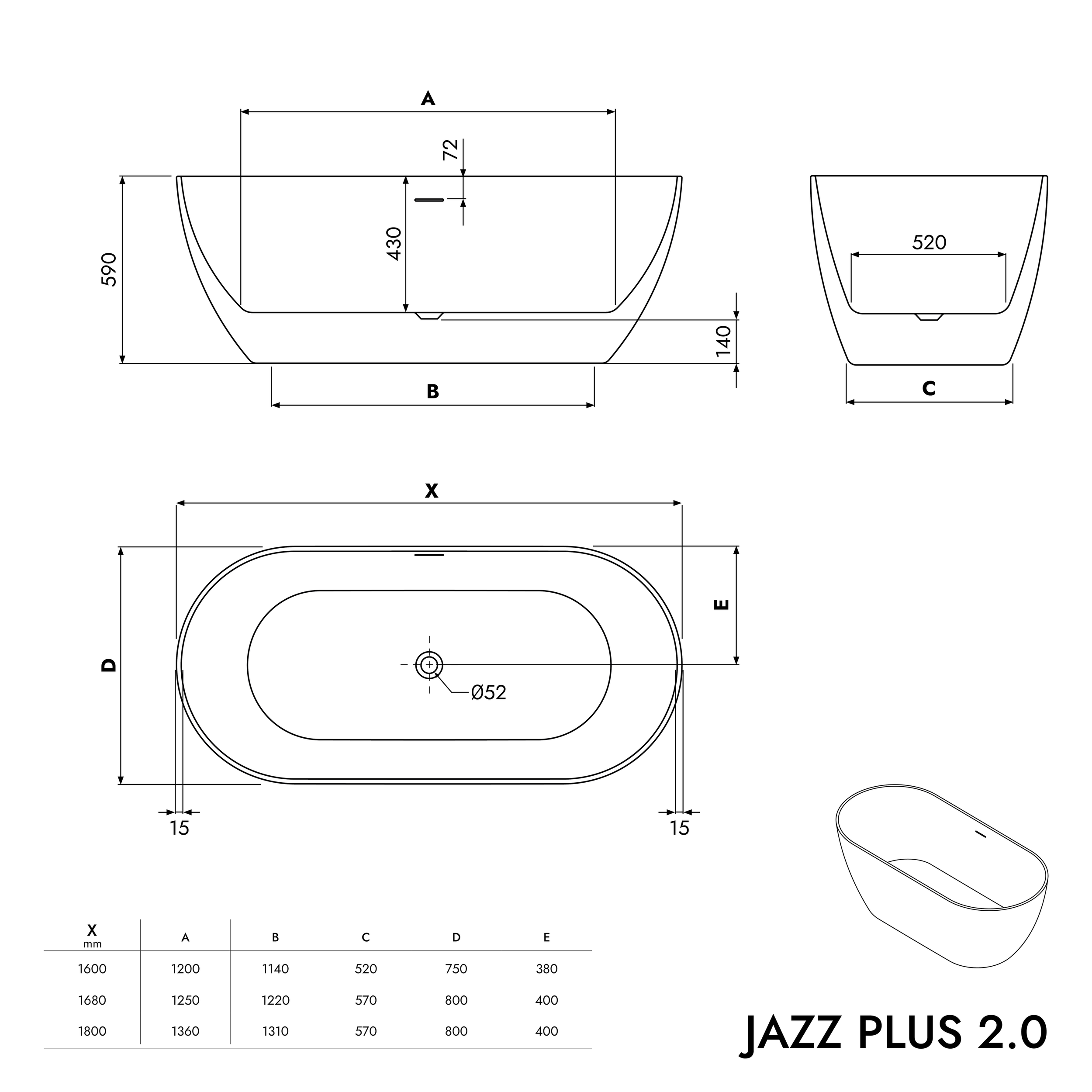 Freistehende Badewanne JAZZ PLUS 2.0