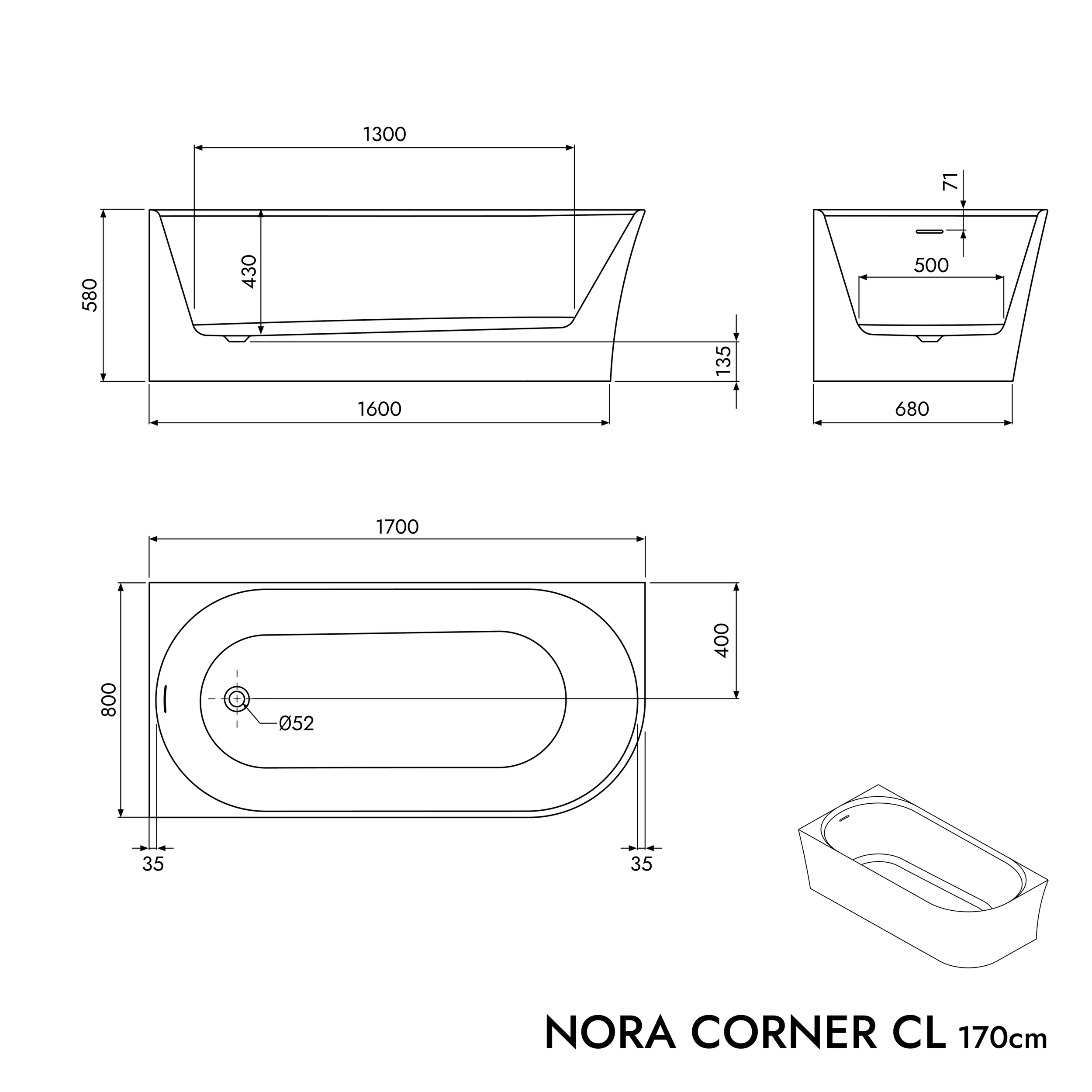 Halb freistehende Badewanne NORA CORNER