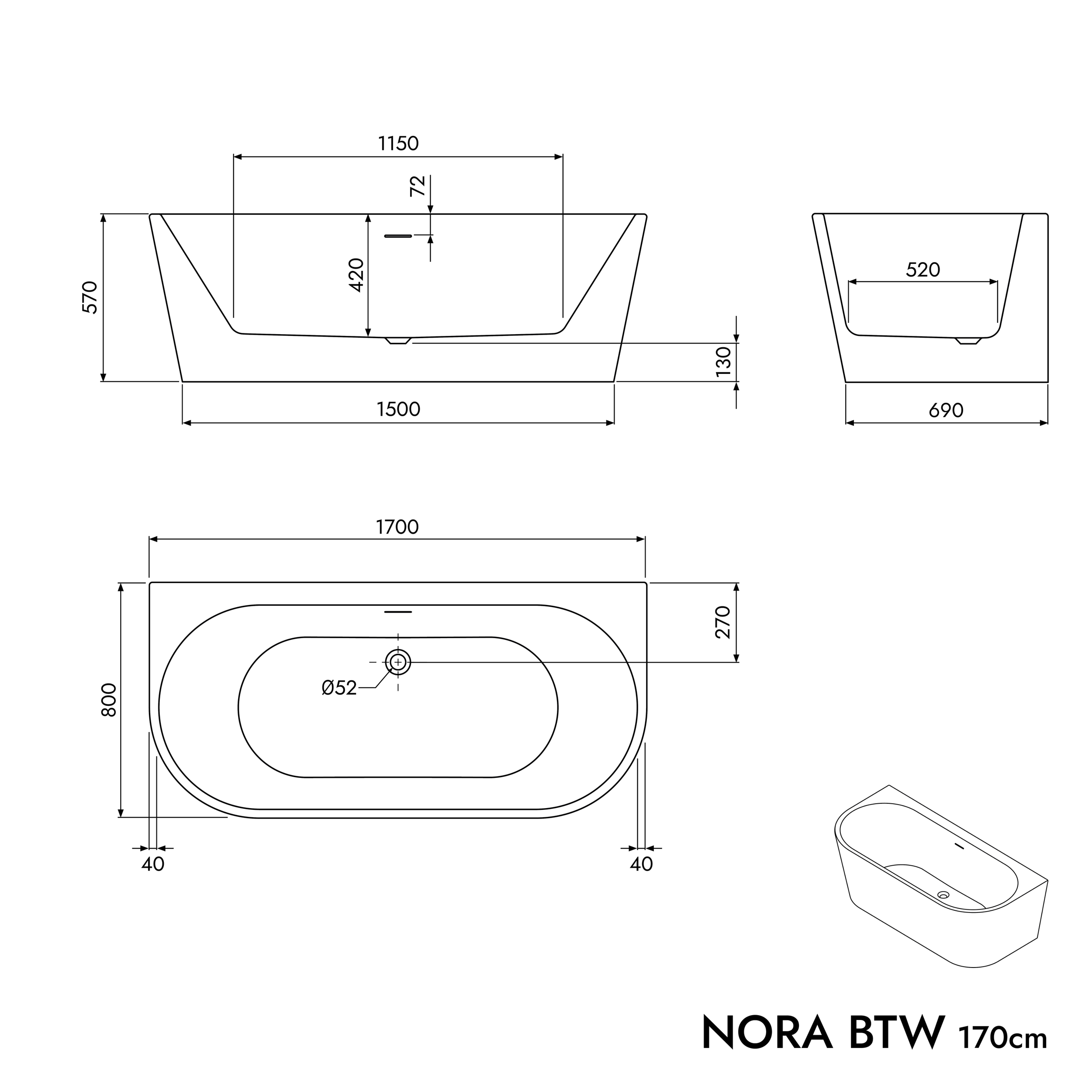 Freistehende Raumsparbadewanne NORA