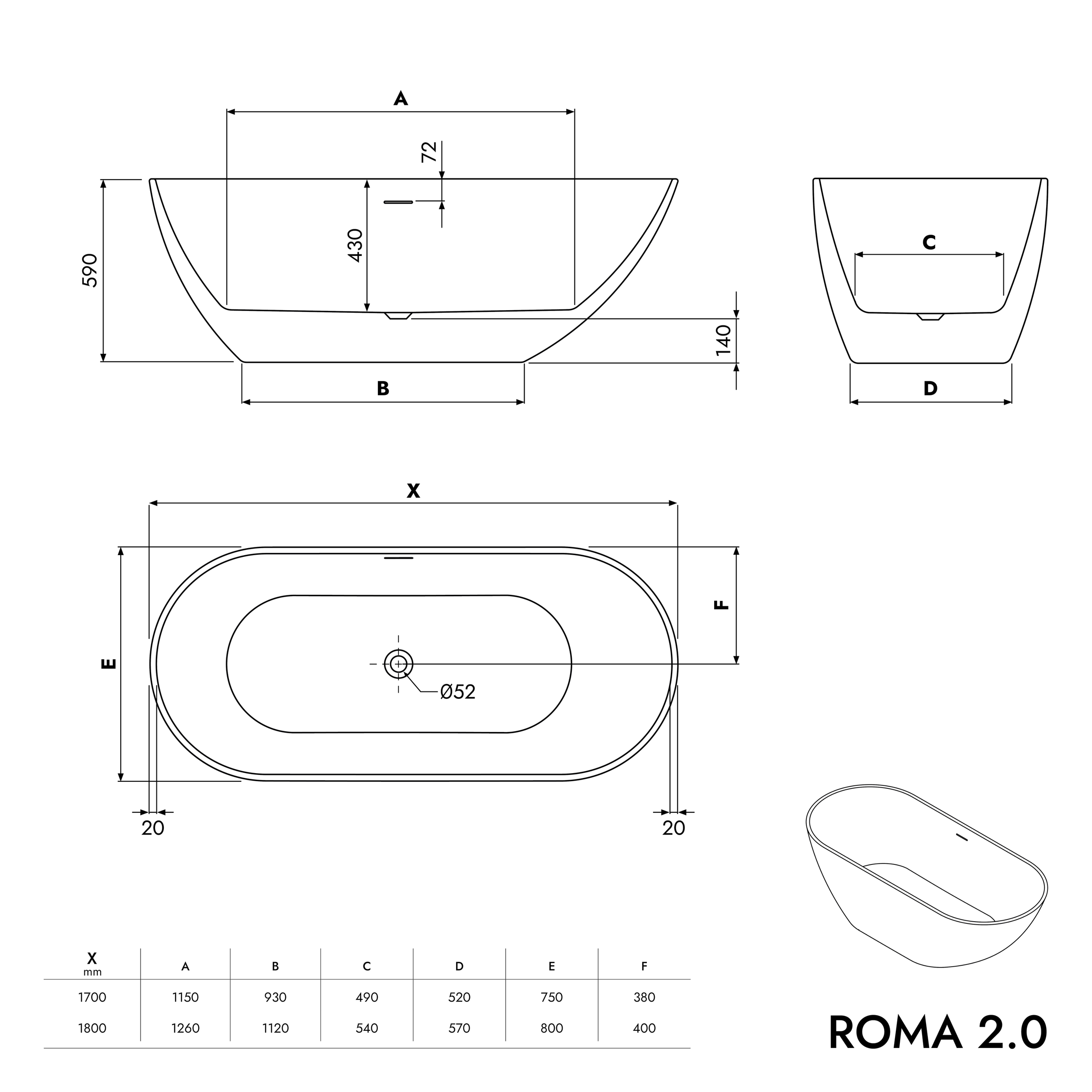 Freistehende Badewanne ROMA 2.0