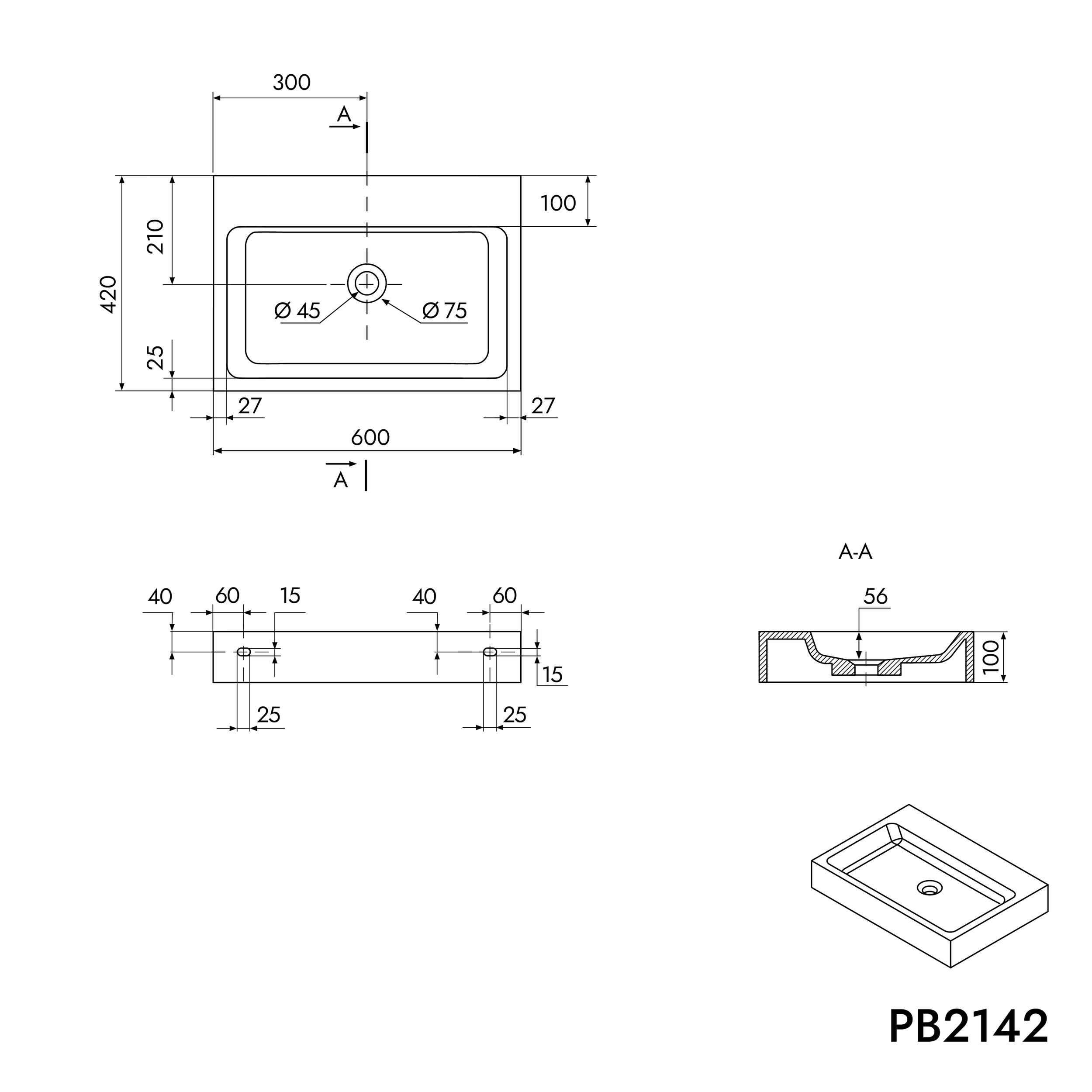 Wandwaschbecken PB2142 aus Mineralguss