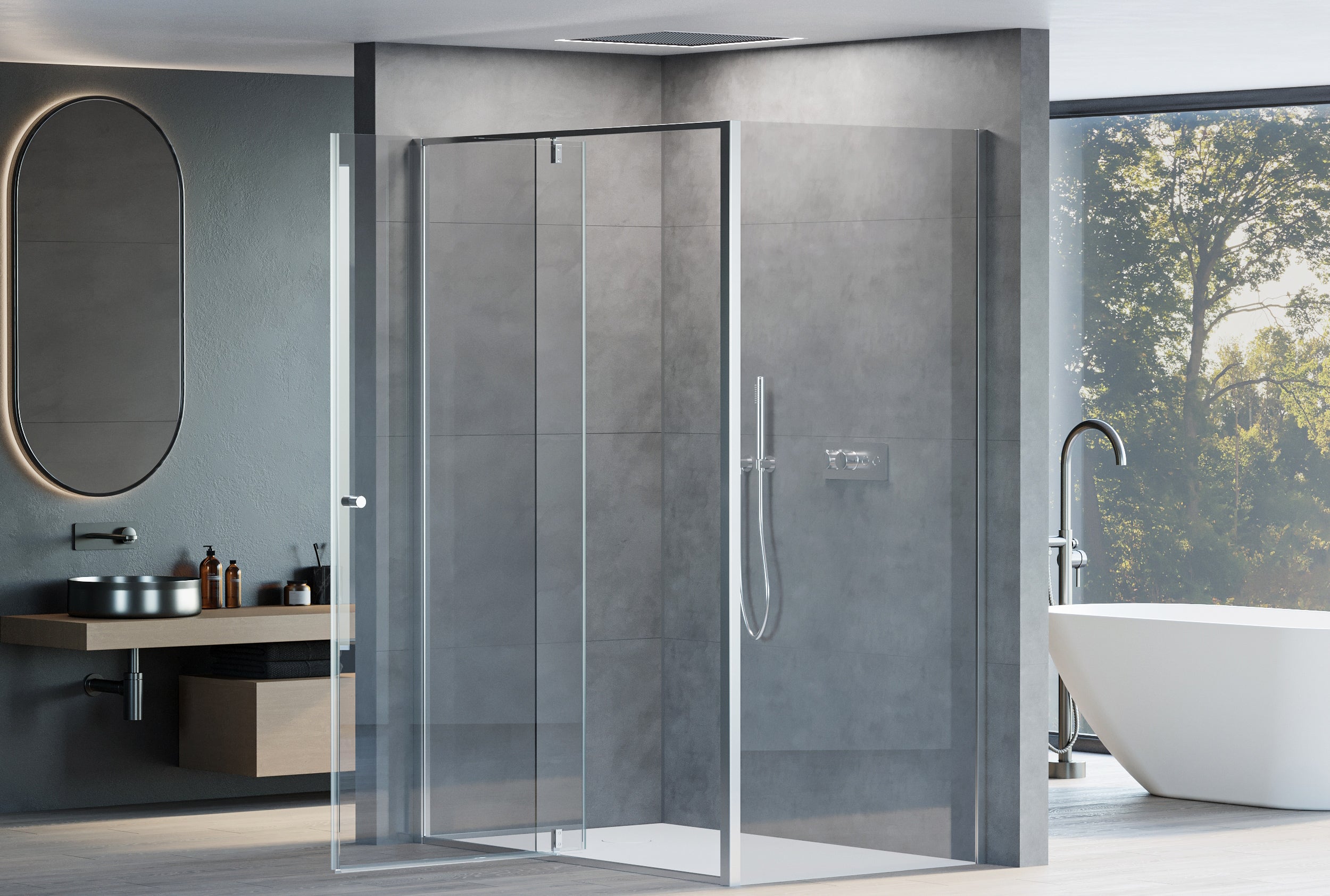 Eckdusche mit Drehtür an Festfeld NT606 - FLEX