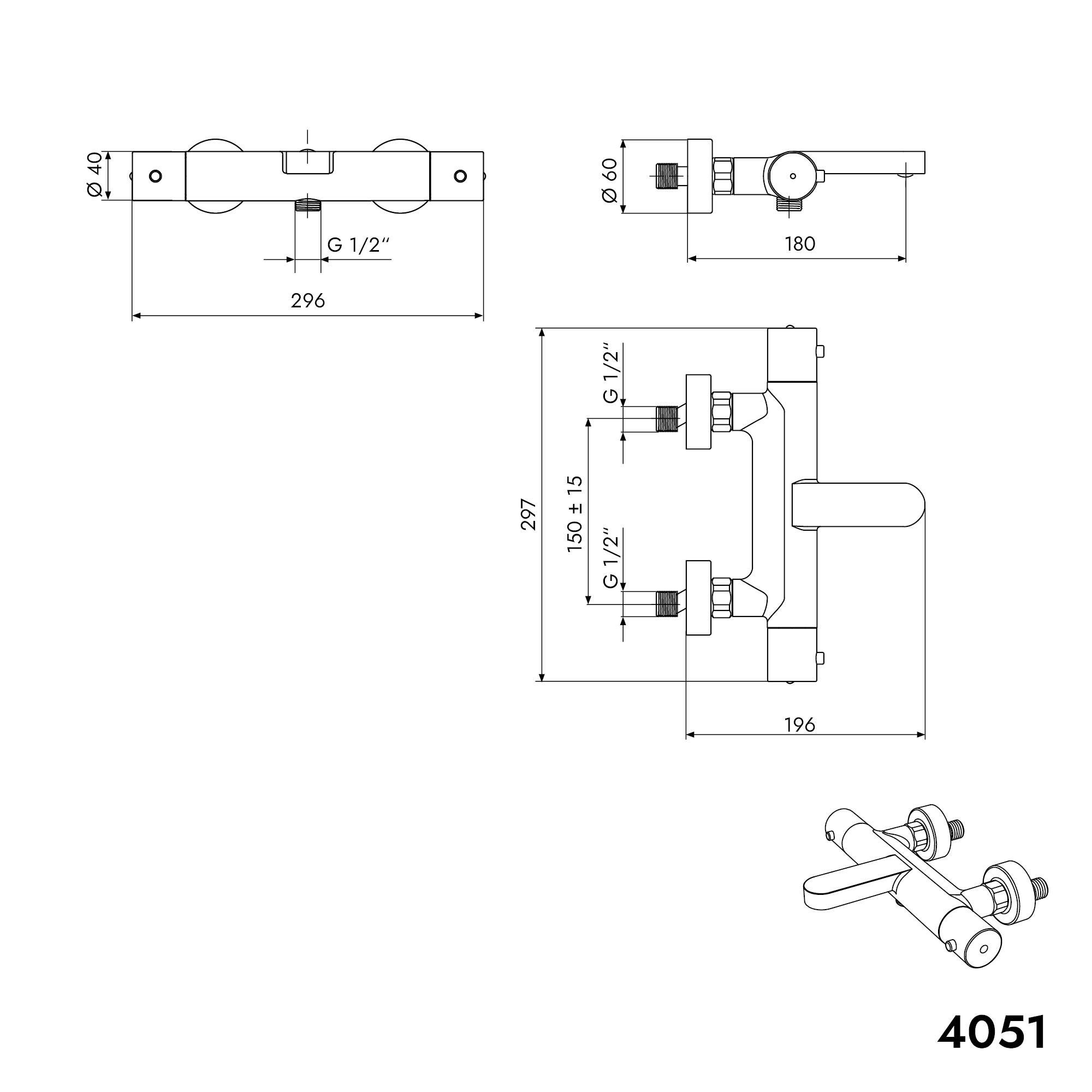 Wannenarmatur Wandmischbatterie 4051 mit Thermostat